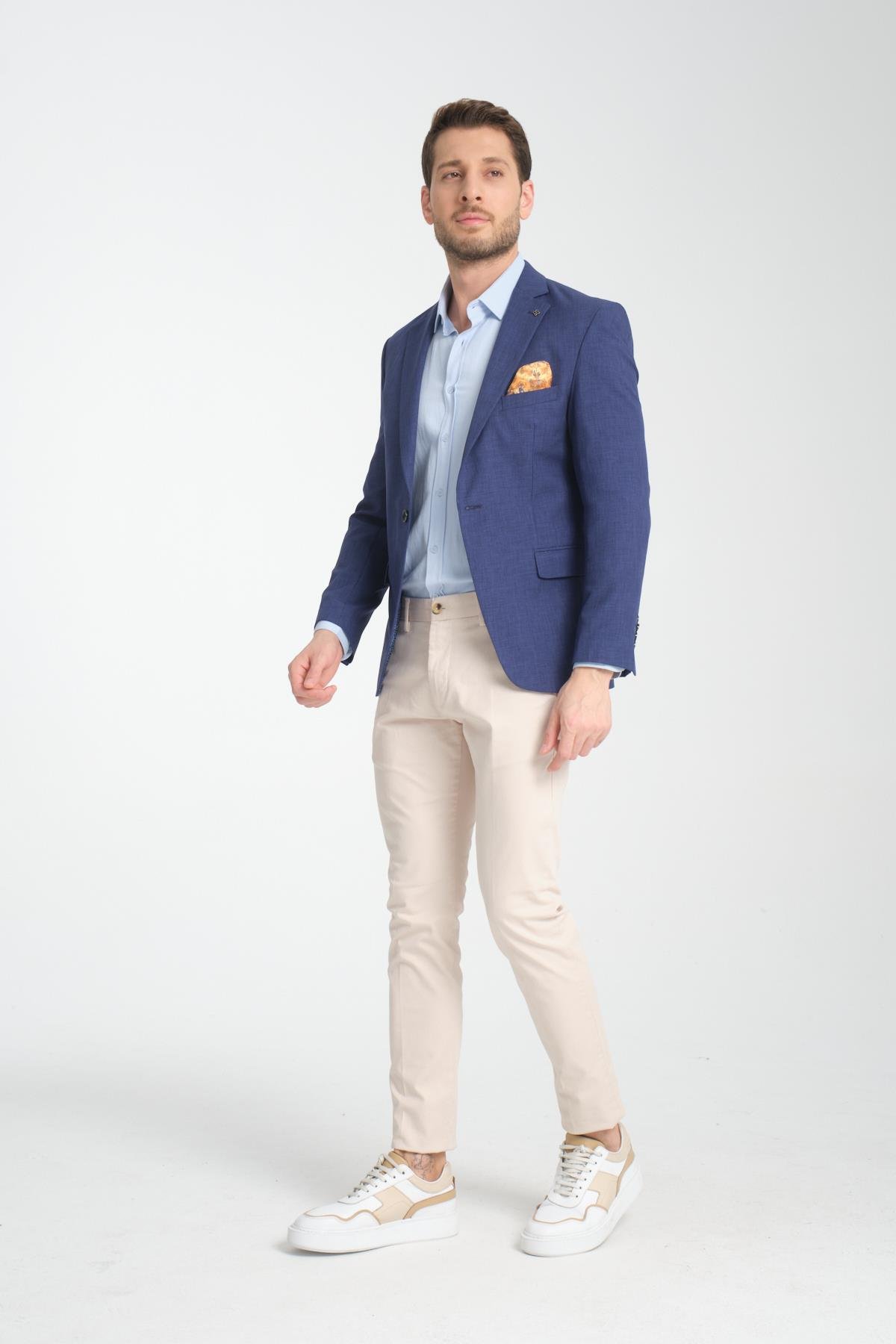 Nipoye Erkek Açık Lacivert Tam Astarlı Mono Yaka Slim Fit Spor Blazer Ceket