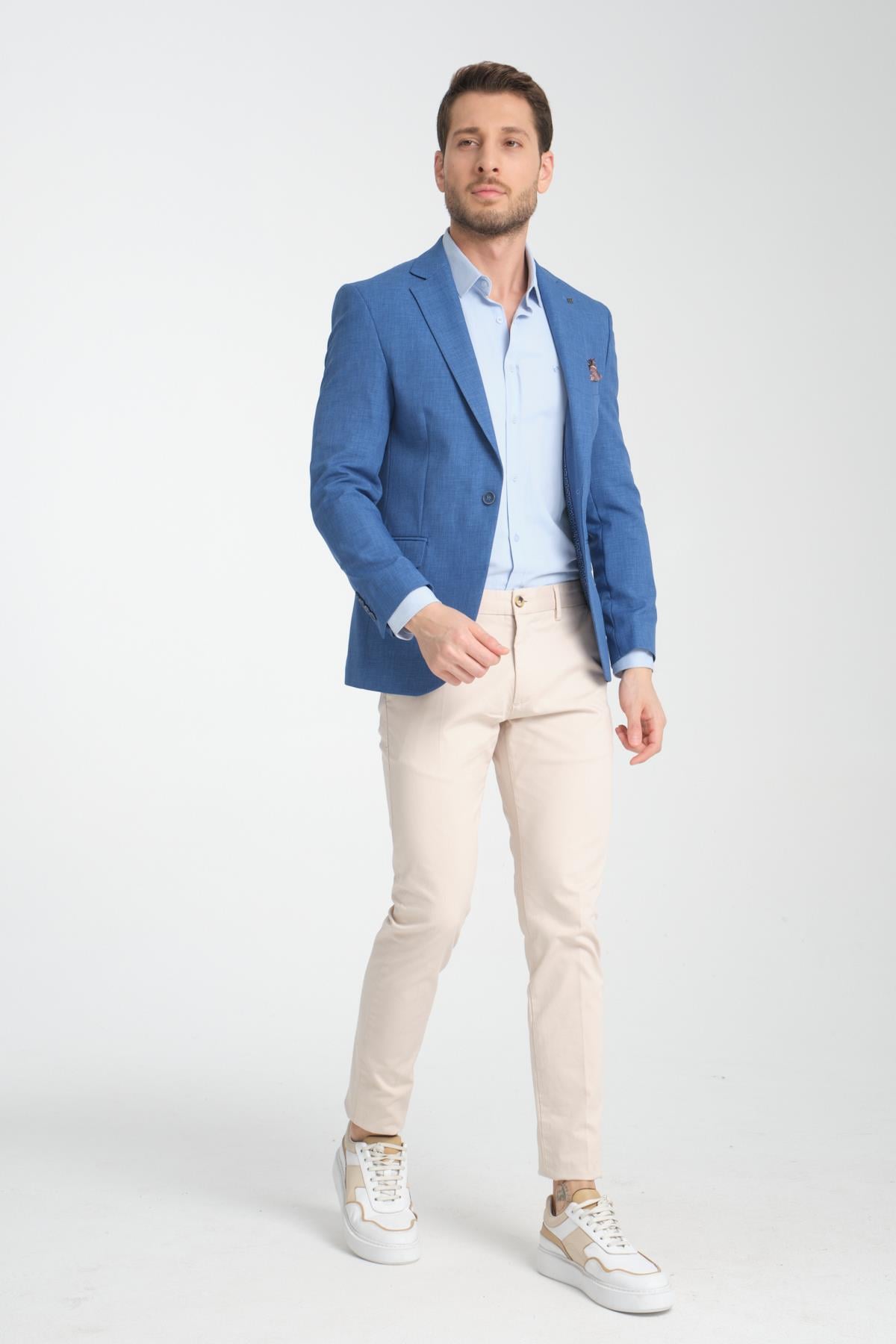 Nipoye Erkek Mavi Tam Astarlı Mono Yaka Slim Fit Spor Blazer Ceket
