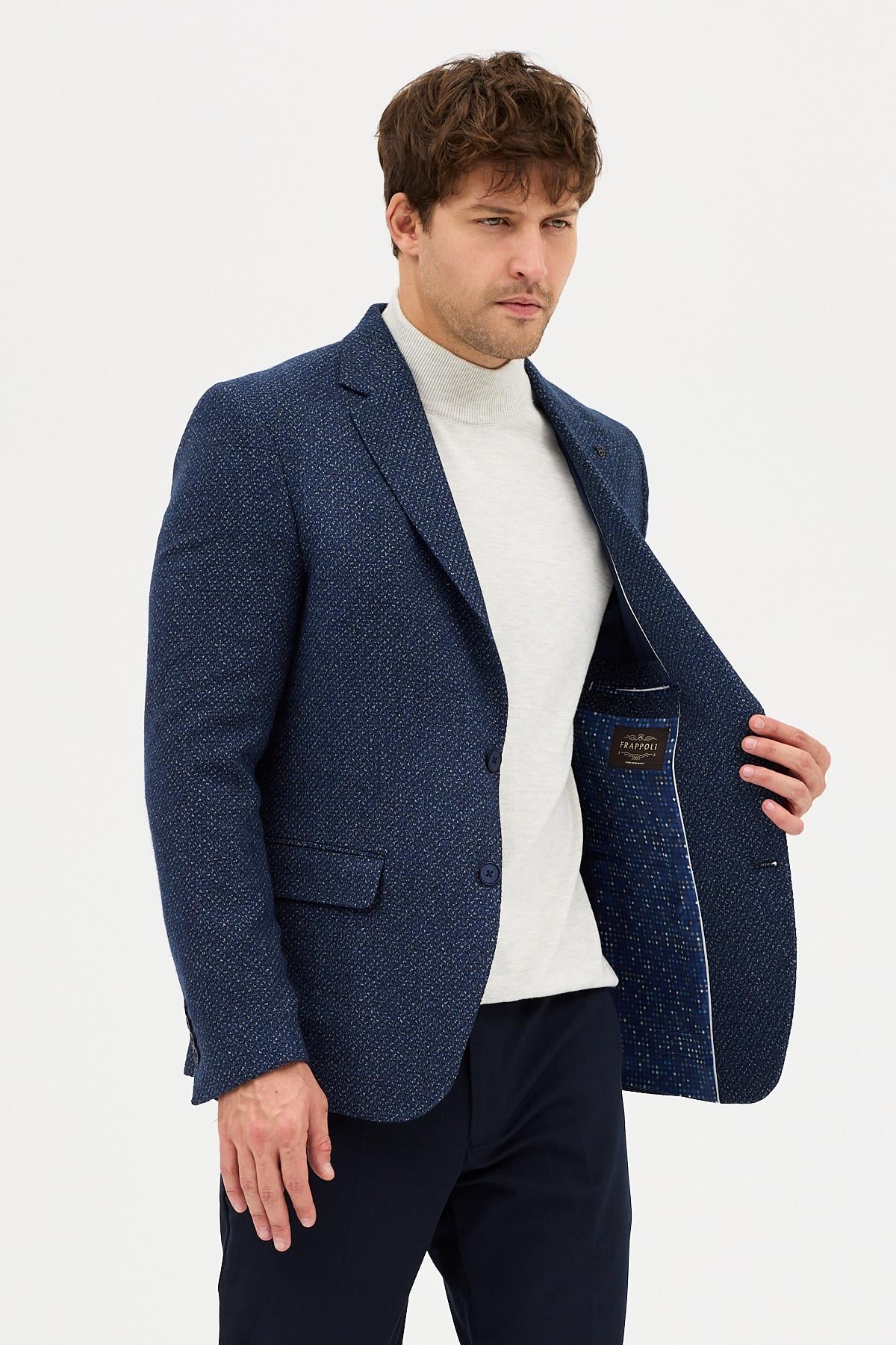 Nonni Erkek Açık Lacivert Slim Fit Dar Kesim Mono Yaka Casual Blazer Ceket