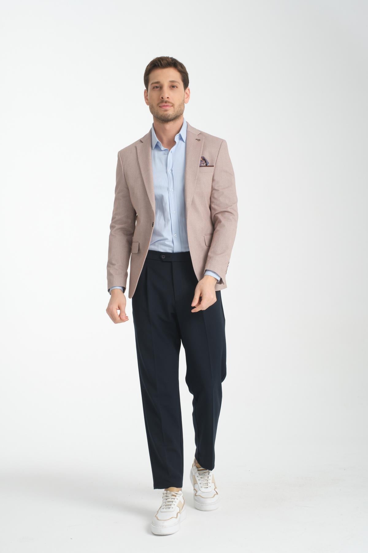 Odessa Erkek Kahverengi Kendinden Desenli Mevsimlik Mono Yaka Slim Fit Blazer Ceket