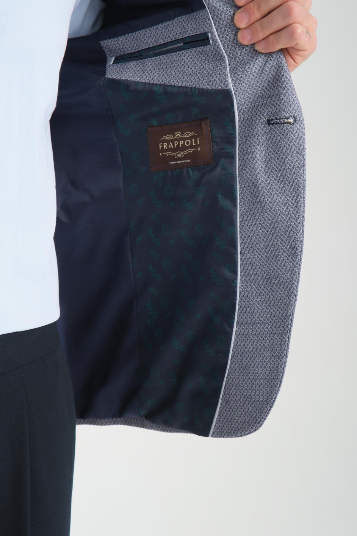 Odessa Erkek Lacivert Kendinden Desenli Mevsimlik Mono Yaka Slim Fit Blazer Ceket