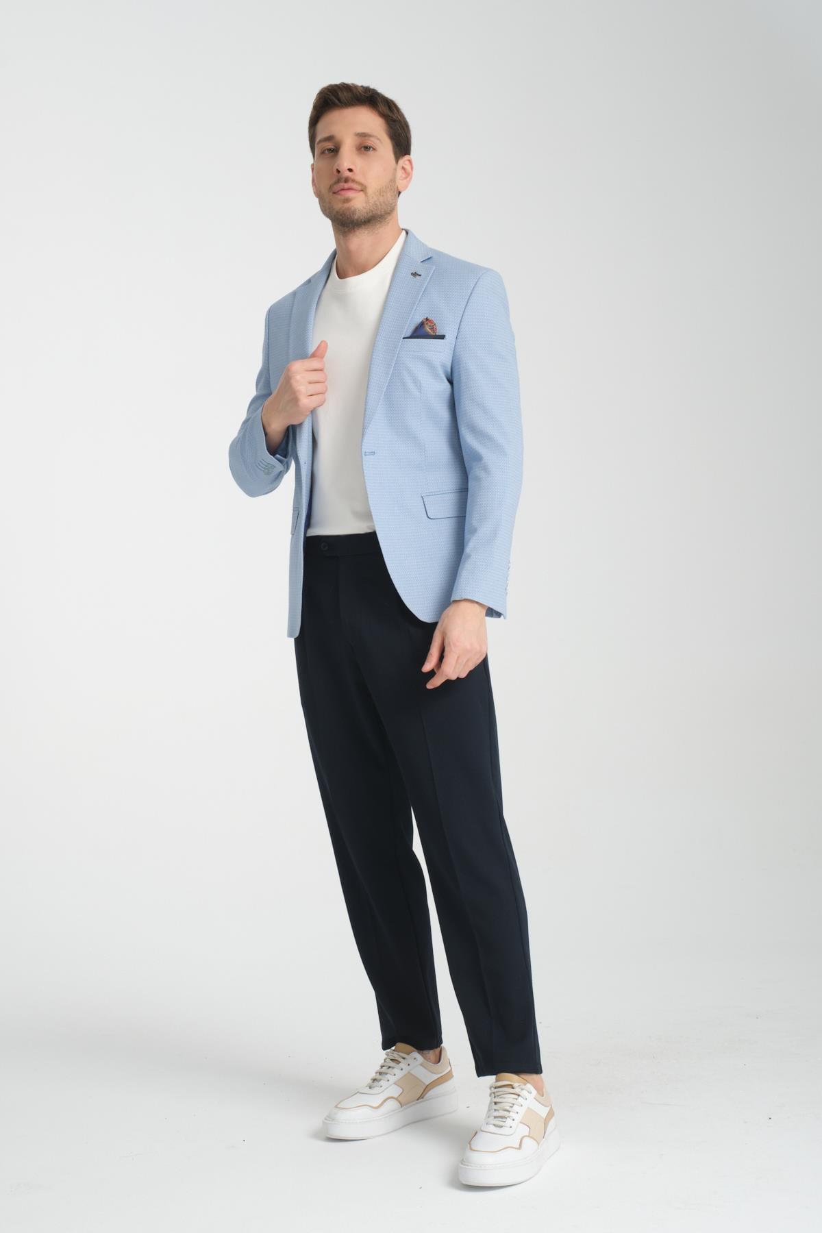 Odessa Erkek Mavi Kendinden Desenli Mevsimlik Mono Yaka Slim Fit Blazer Ceket
