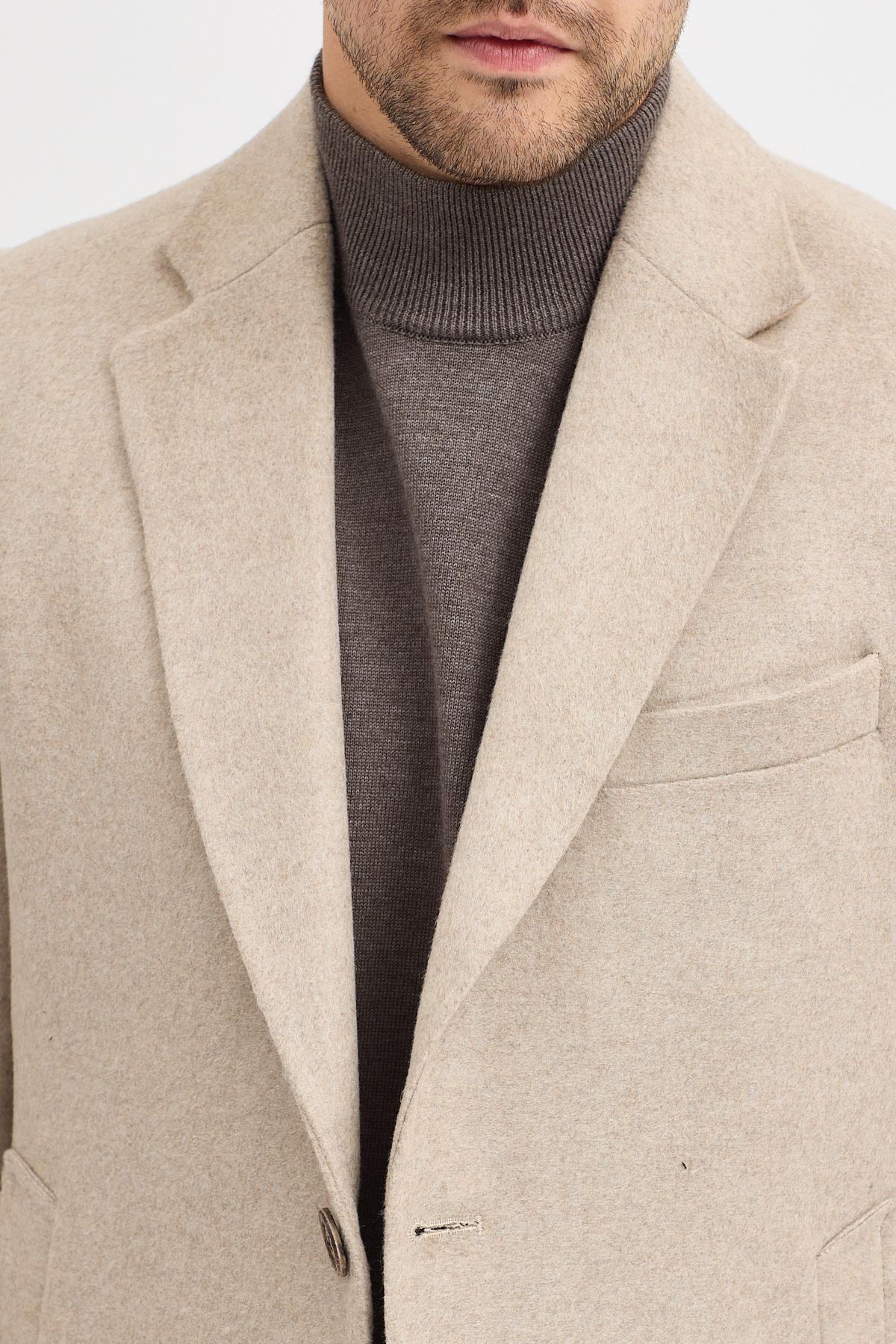 Pagano Erkek Bej Ceket Yaka Slim Fit Kaşe Kaban