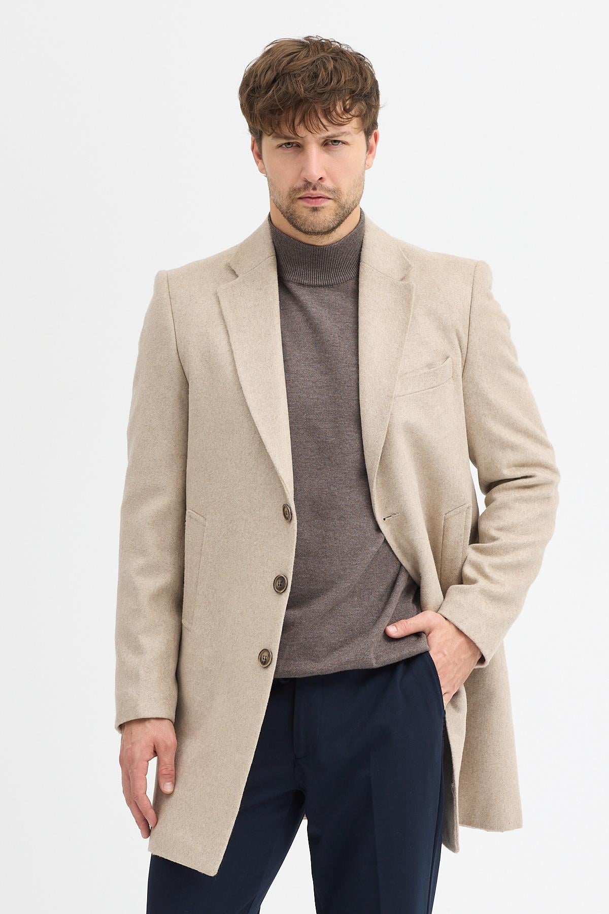 Pagano Erkek Bej Ceket Yaka Slim Fit Kaşe Kaban