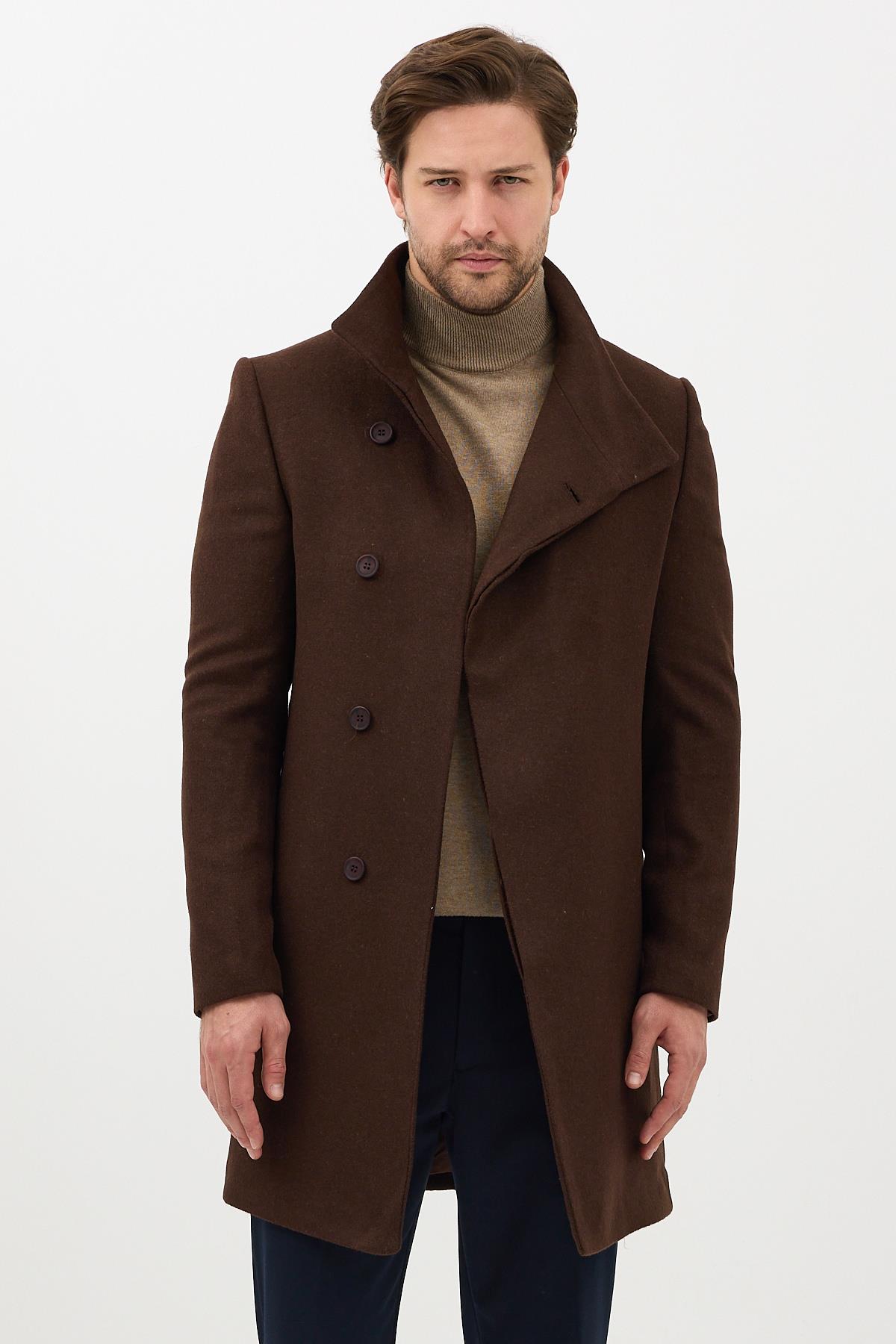 Pagano Erkek Kahve Şal Yaka Slim Fit Kaşe Kaban