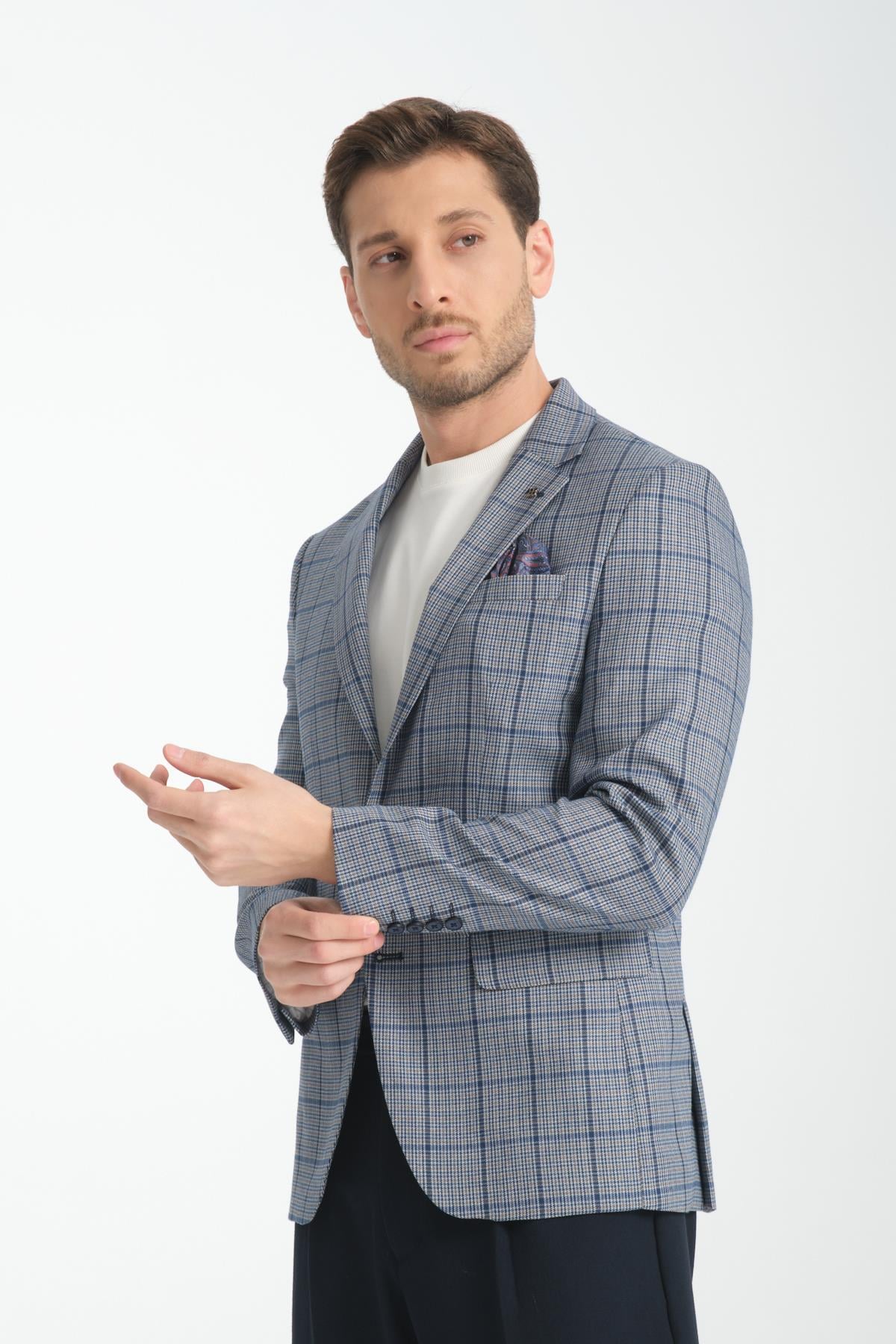Pakito Erkek Açık Lacivert Ekose Slim Fit Mono Yaka Spor Blazer Ceket