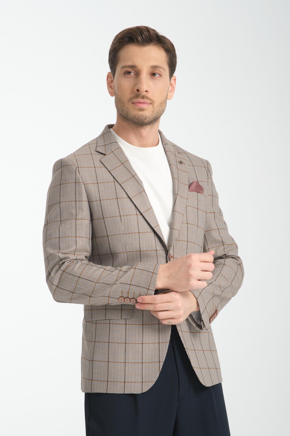 Pakito Erkek Vizon Ekose Slim Fit Mono Yaka Spor Blazer Ceket