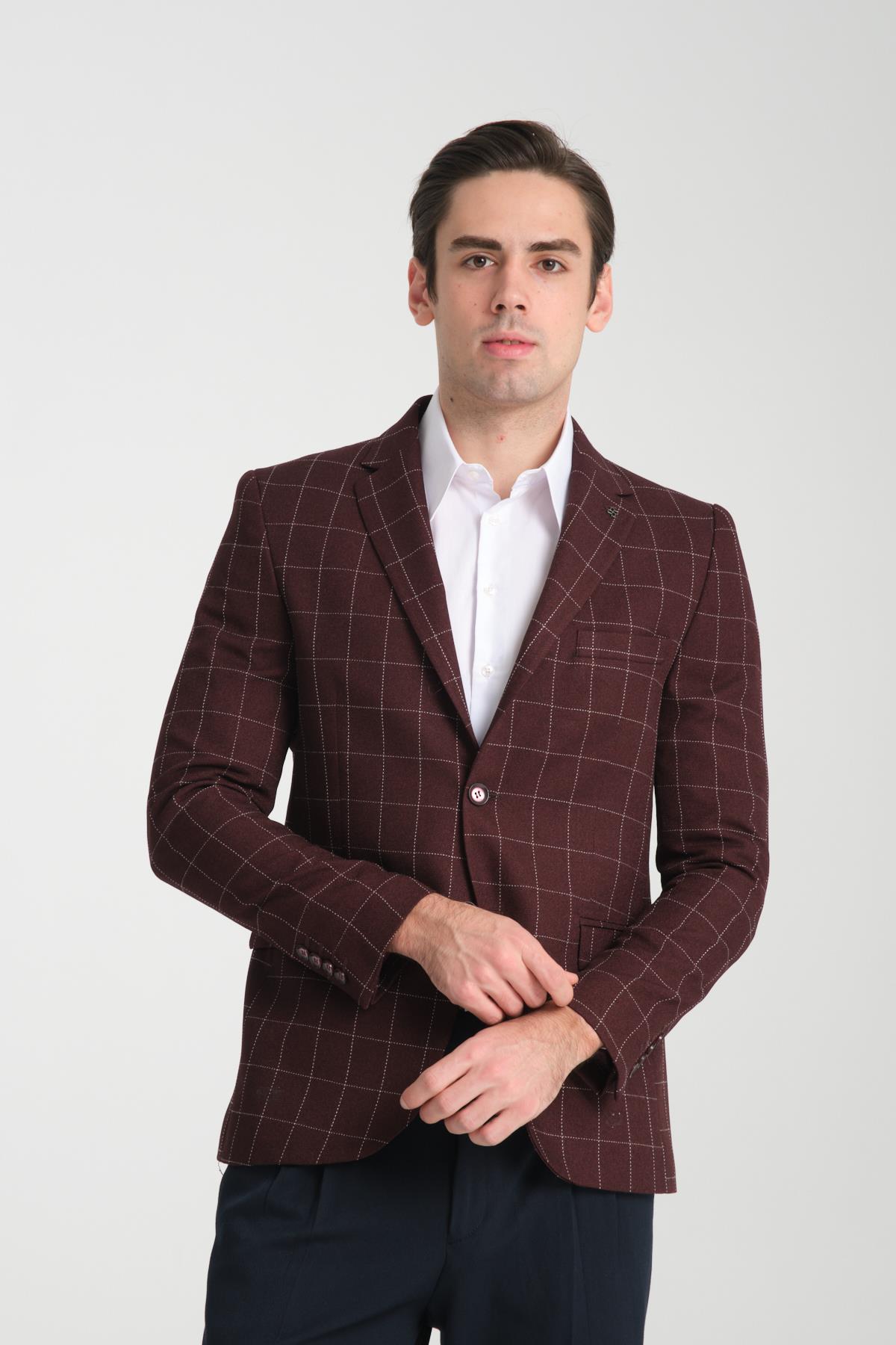 Paride Erkek Bordo Ekose Slim Fit Mono Yaka Spor Blazer Ceket