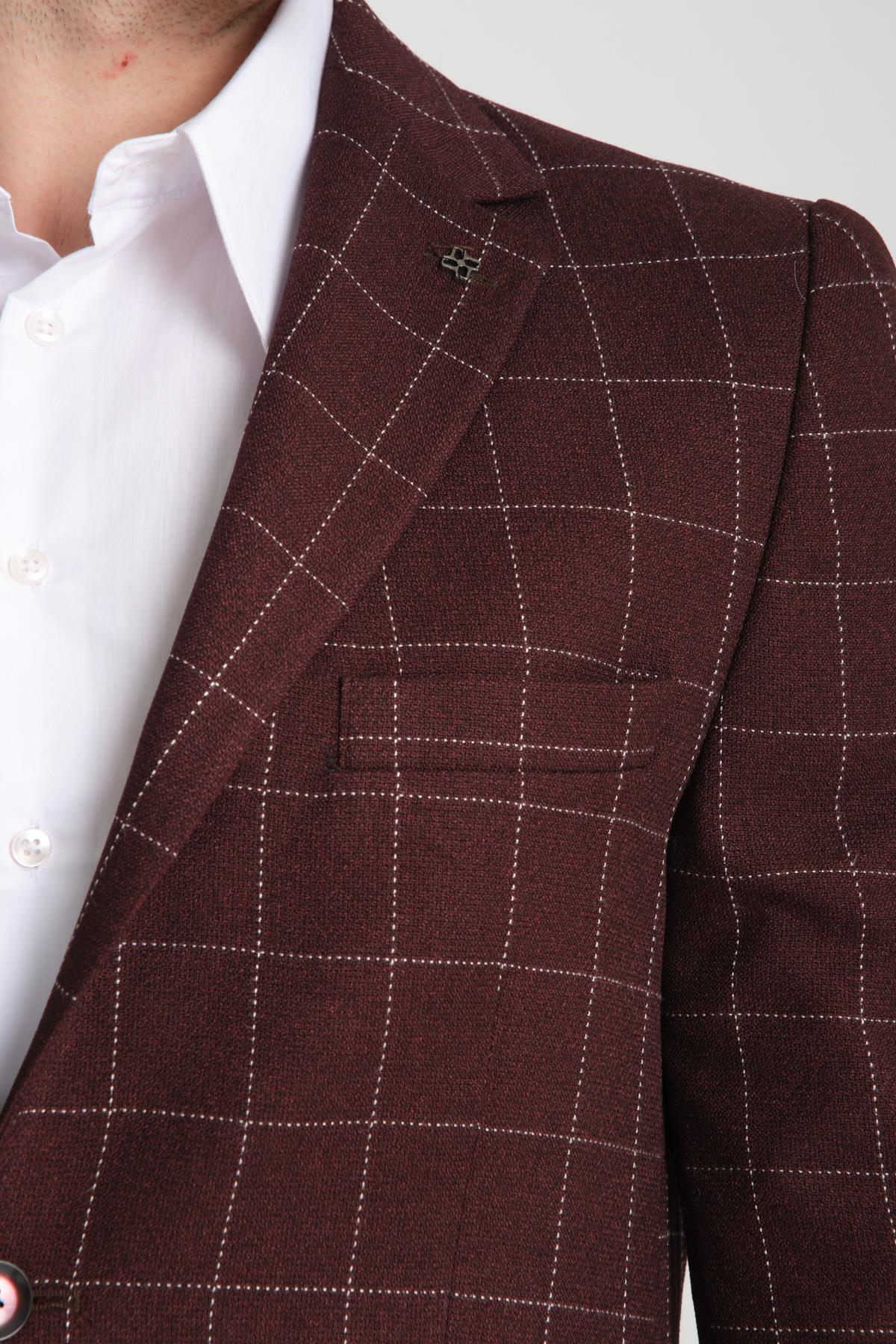 Paride Erkek Bordo Ekose Slim Fit Mono Yaka Spor Blazer Ceket