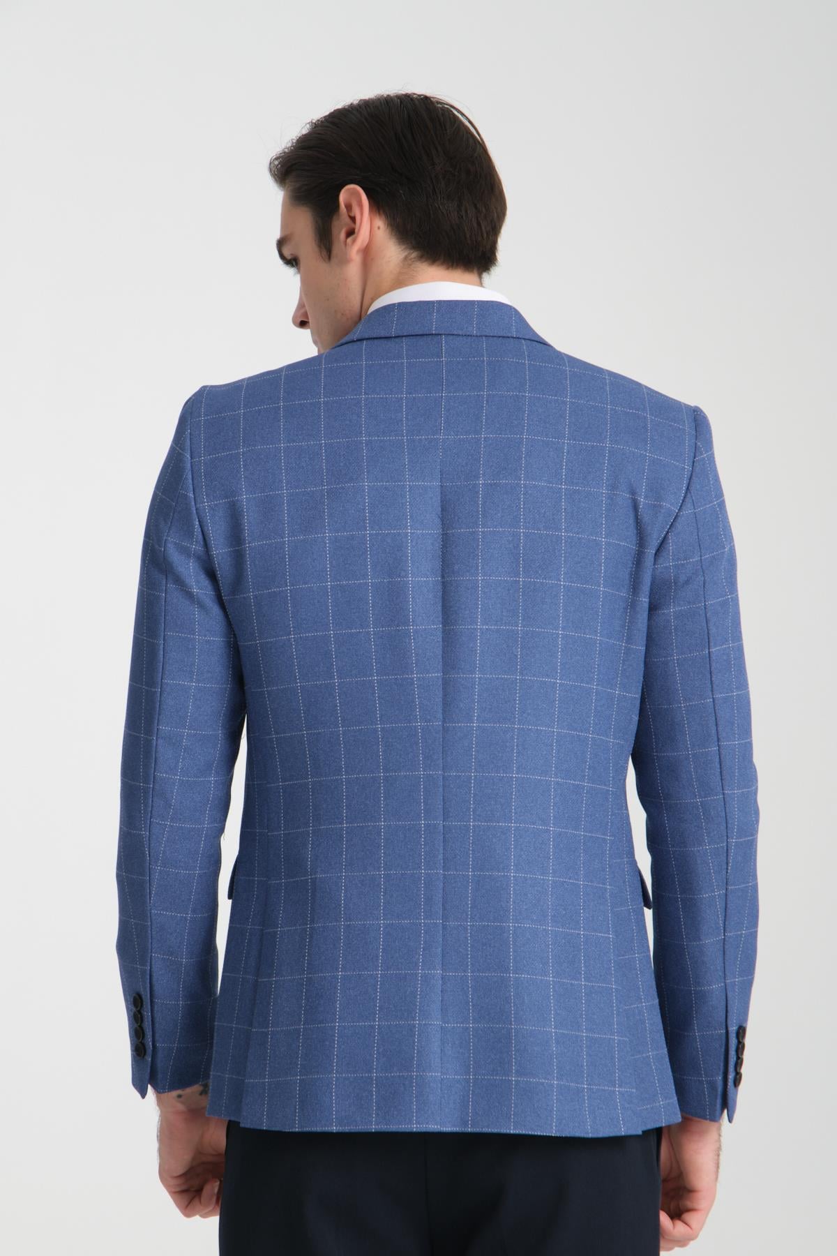 Paride Erkek Mavi Ekose Slim Fit Mono Yaka Spor Blazer Ceket