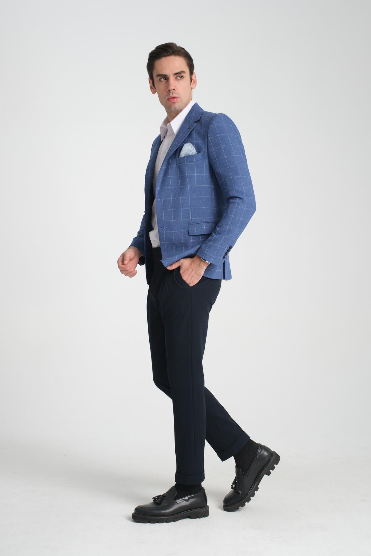 Paride Erkek Mavi Ekose Slim Fit Mono Yaka Spor Blazer Ceket