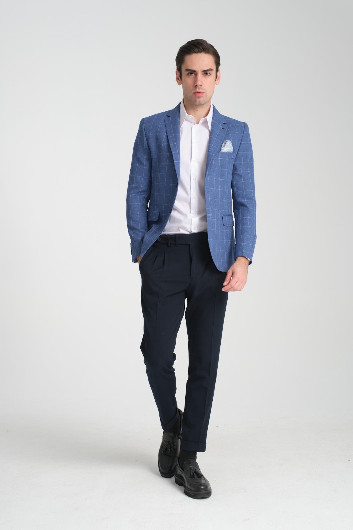 Paridee Erkek İndigo Ekose Battal Büyük Beden Mono Yaka Dar Kesim Blazer  Spor Ceket