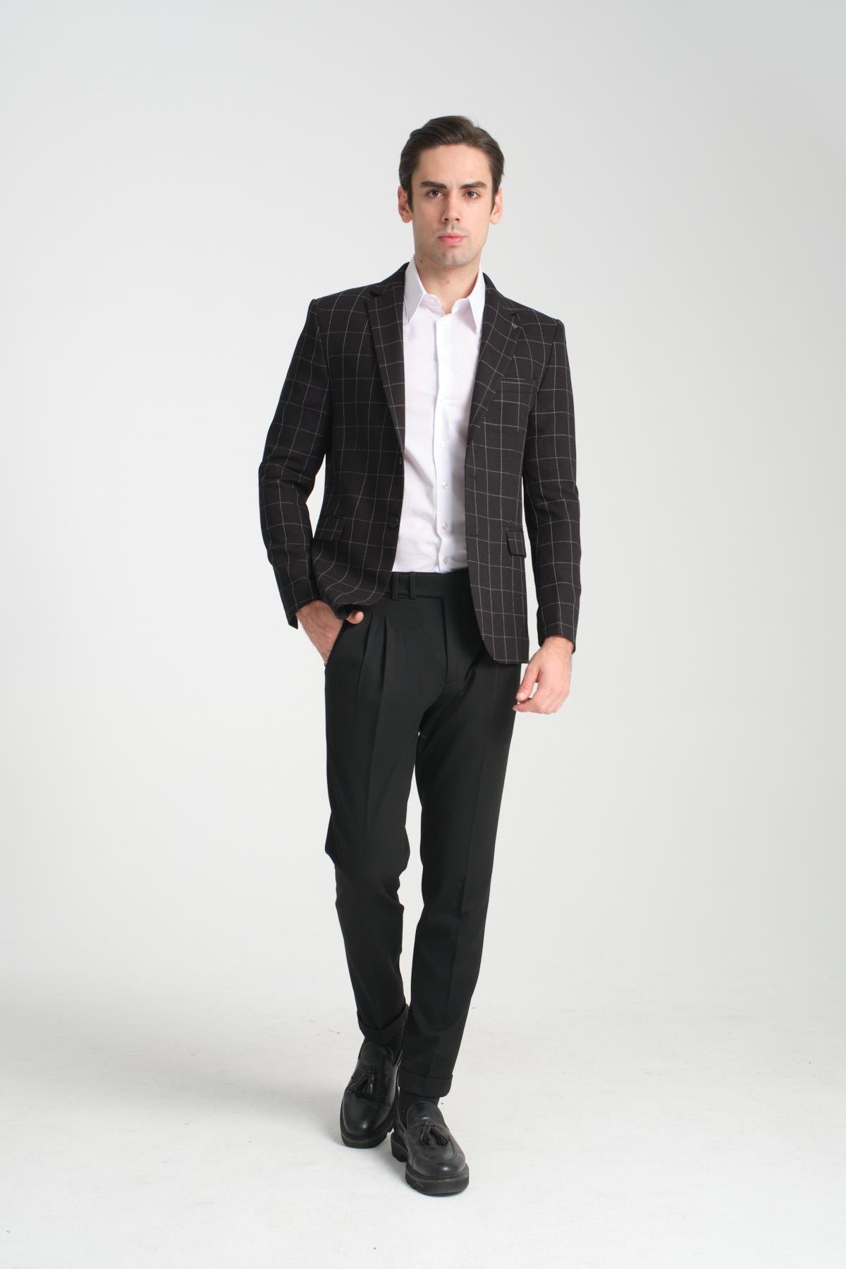 Paridee Erkek Siyah Ekose Battal Büyük Beden Mono Yaka Dar Kesim Blazer  Spor Ceket