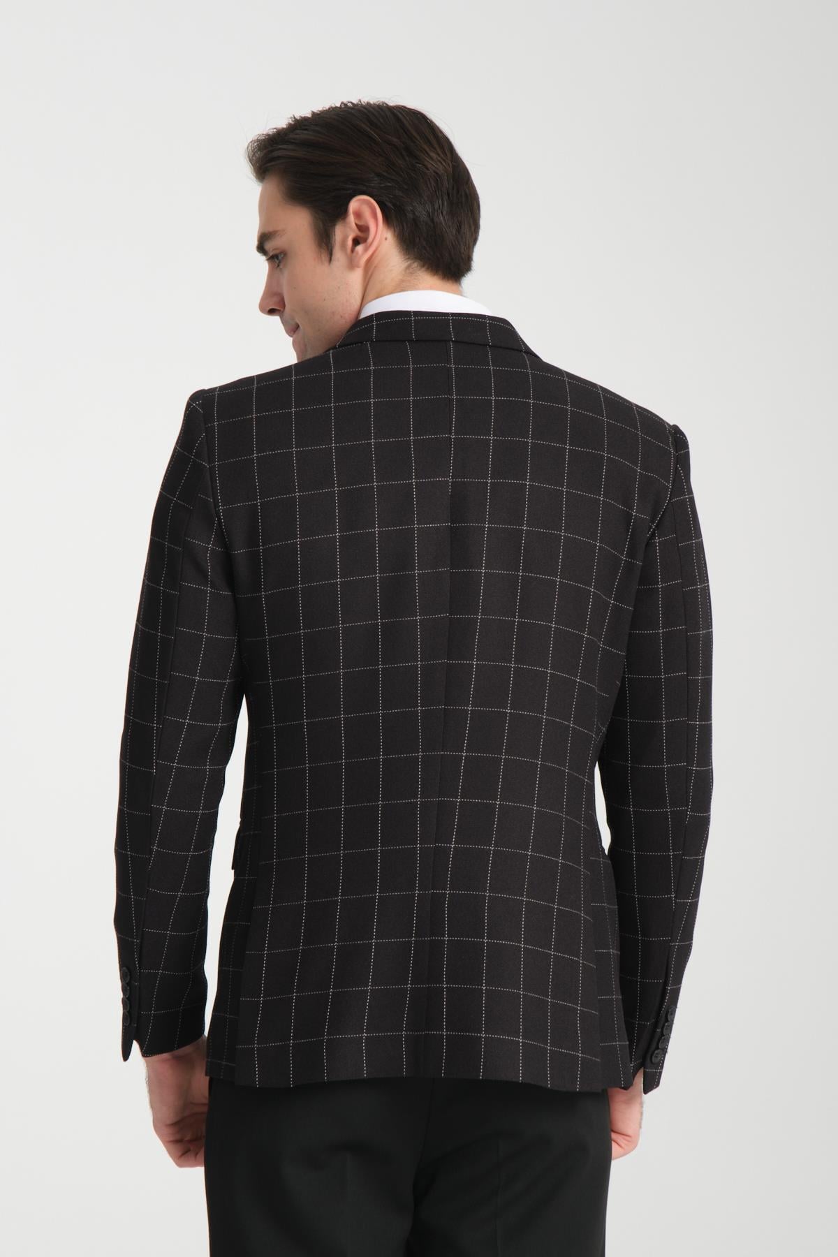 Paridee Erkek Siyah Ekose Battal Büyük Beden Mono Yaka Dar Kesim Blazer  Spor Ceket