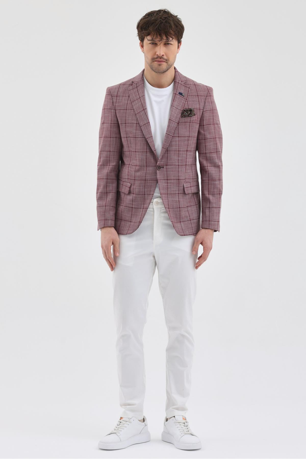 Pascolo Erkek Bordo Poliviskon Kumaşlı Slim Fit Mono Yaka Spor Blazer Ceket