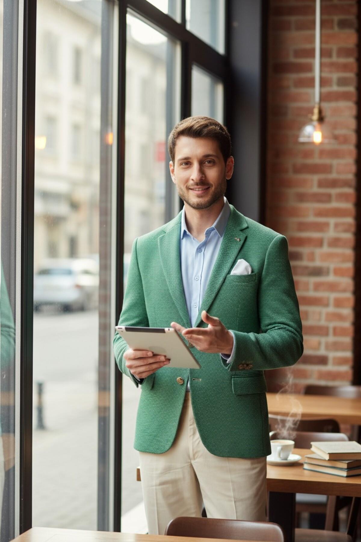 Pasure Erkek Yeşil Esnek Kumaş Slim Fit Dar Kesim Blazer Ceket