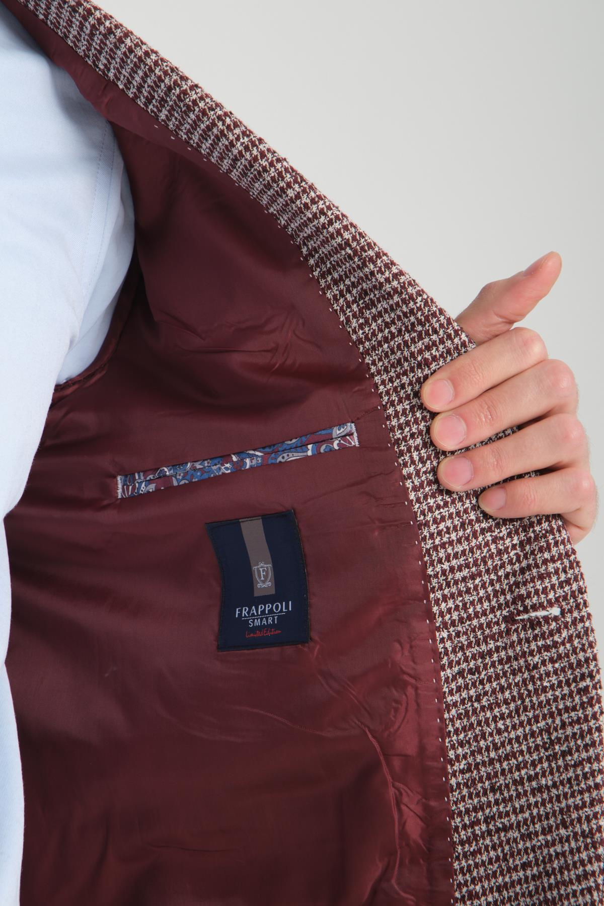 Pico Erkek Bordo Kendinden Desenli Örme Kumaş Slim Fit Mono Yaka Dar Kesim Blazer Ceket