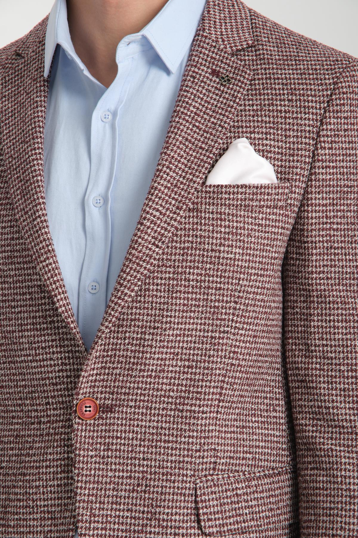 Pico Erkek Bordo Kendinden Desenli Örme Kumaş Slim Fit Mono Yaka Dar Kesim Blazer Ceket