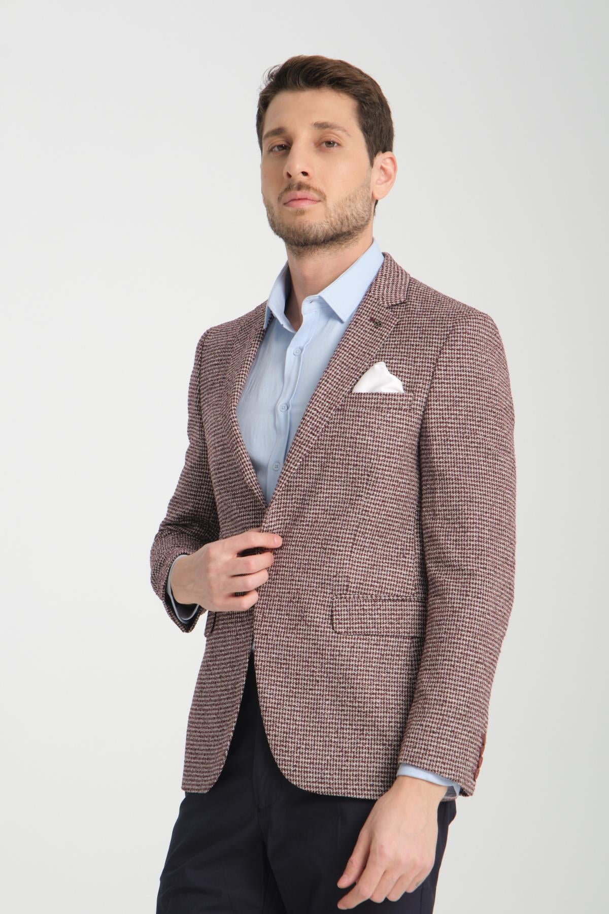 Pico Erkek Bordo Kendinden Desenli Örme Kumaş Slim Fit Mono Yaka Dar Kesim Blazer Ceket