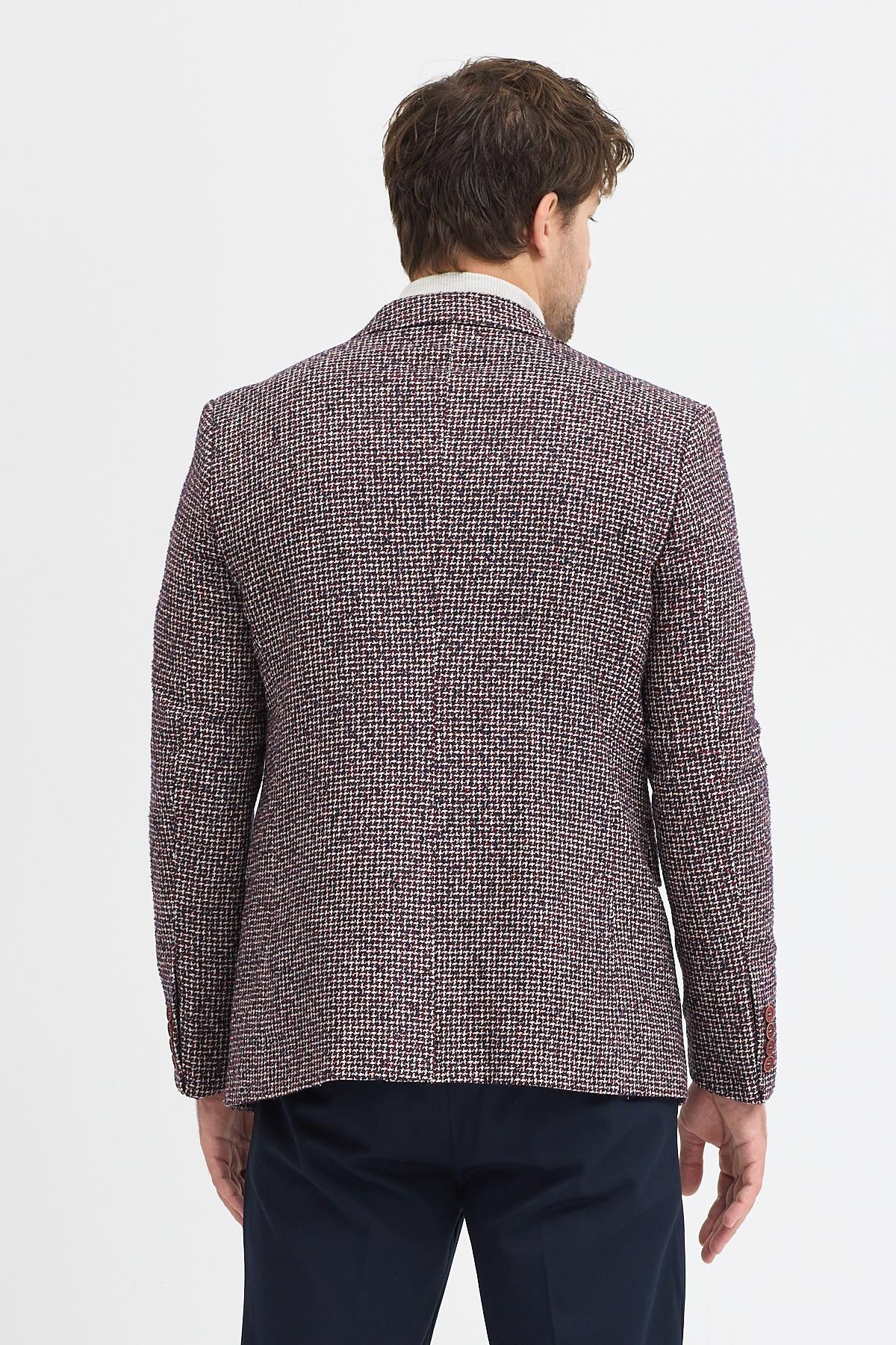 Pico Erkek Bordo-Lacivert Kendinden Desenli Slim Fit Mono Yaka Dar Kesim Blazer Ceket