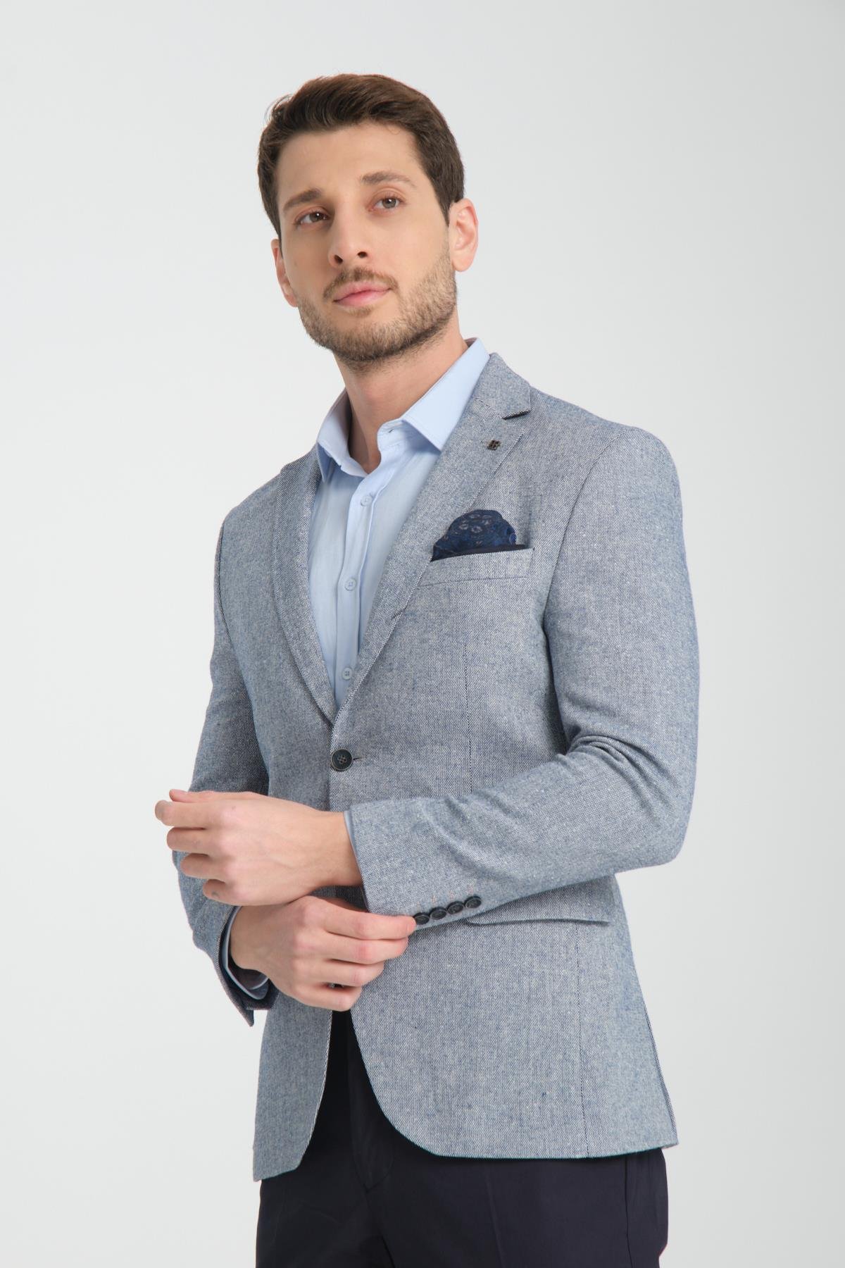 Piero Erkek İndigo Mono Yaka Esnemeyen Desenli Kalın Kumaş Slim Fit Dar Kesim Blazer Ceket