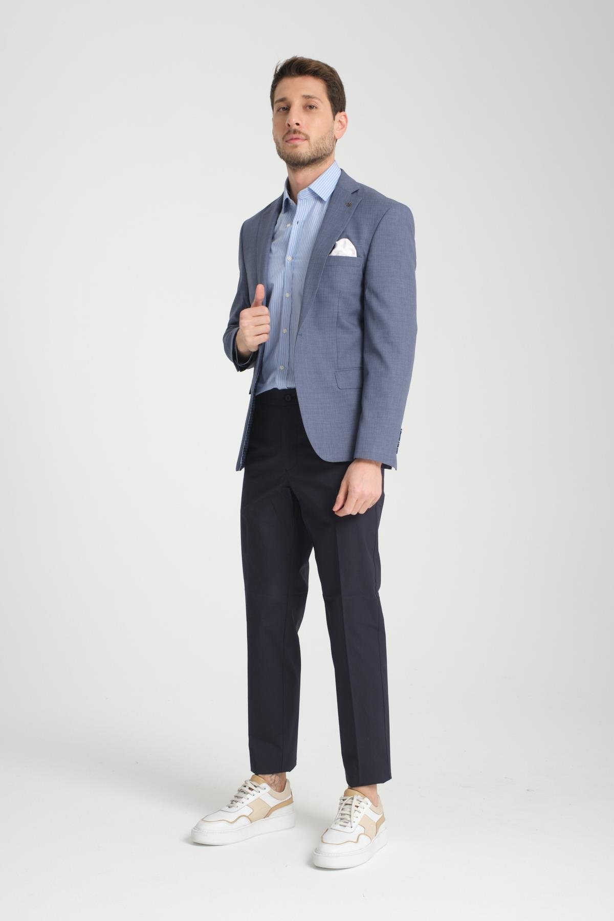 Pieros Erkek İndigo Pamuk Karışımlı Slim Fit Dar Kesim Dört Mevsim Blazer Ceket