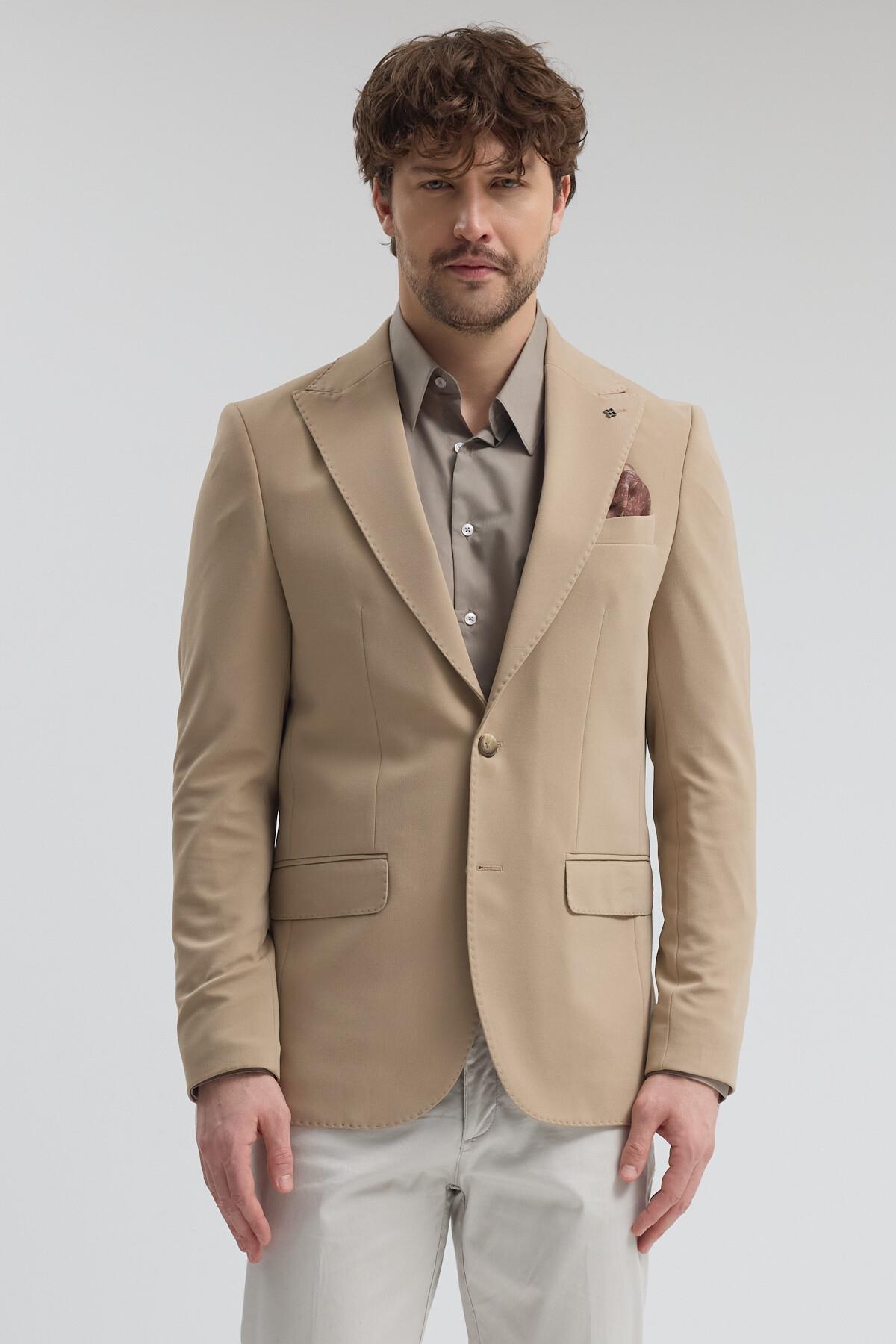 Pique Erkek Bej Sivri Yaka Esnek Poliviskon Kumaşlı Slim Fit Spor Blazer Ceket