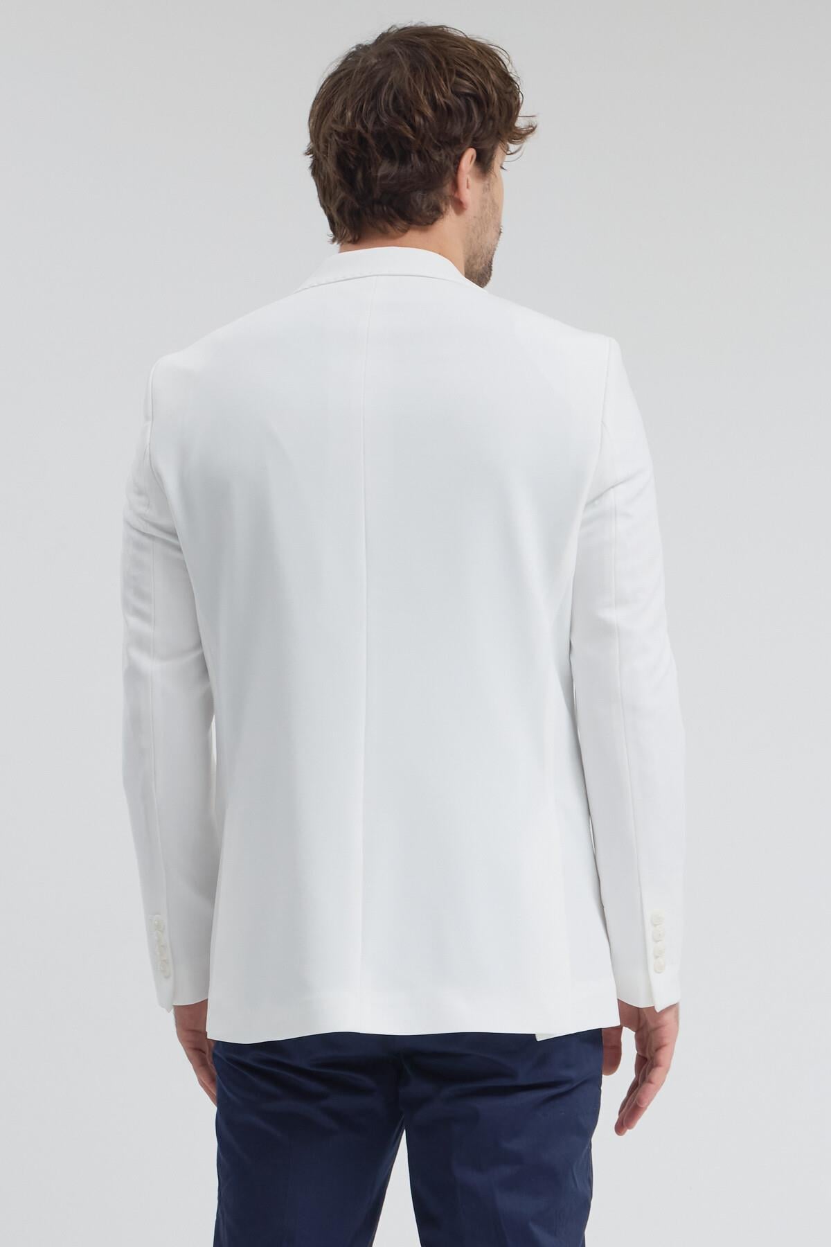 Pique Erkek Beyaz Sivri Yaka Esnek Poliviskon Kumaşlı Slim Fit Spor Blazer Ceket