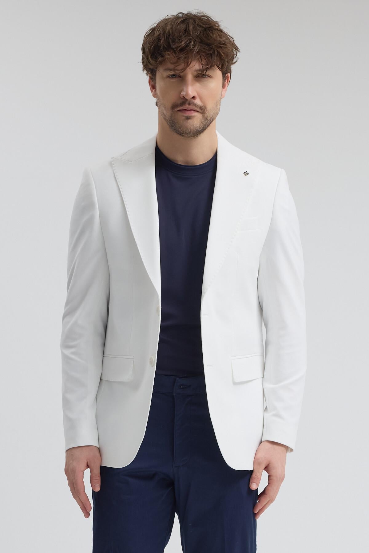 Pique Erkek Beyaz Sivri Yaka Esnek Poliviskon Kumaşlı Slim Fit Spor Blazer Ceket