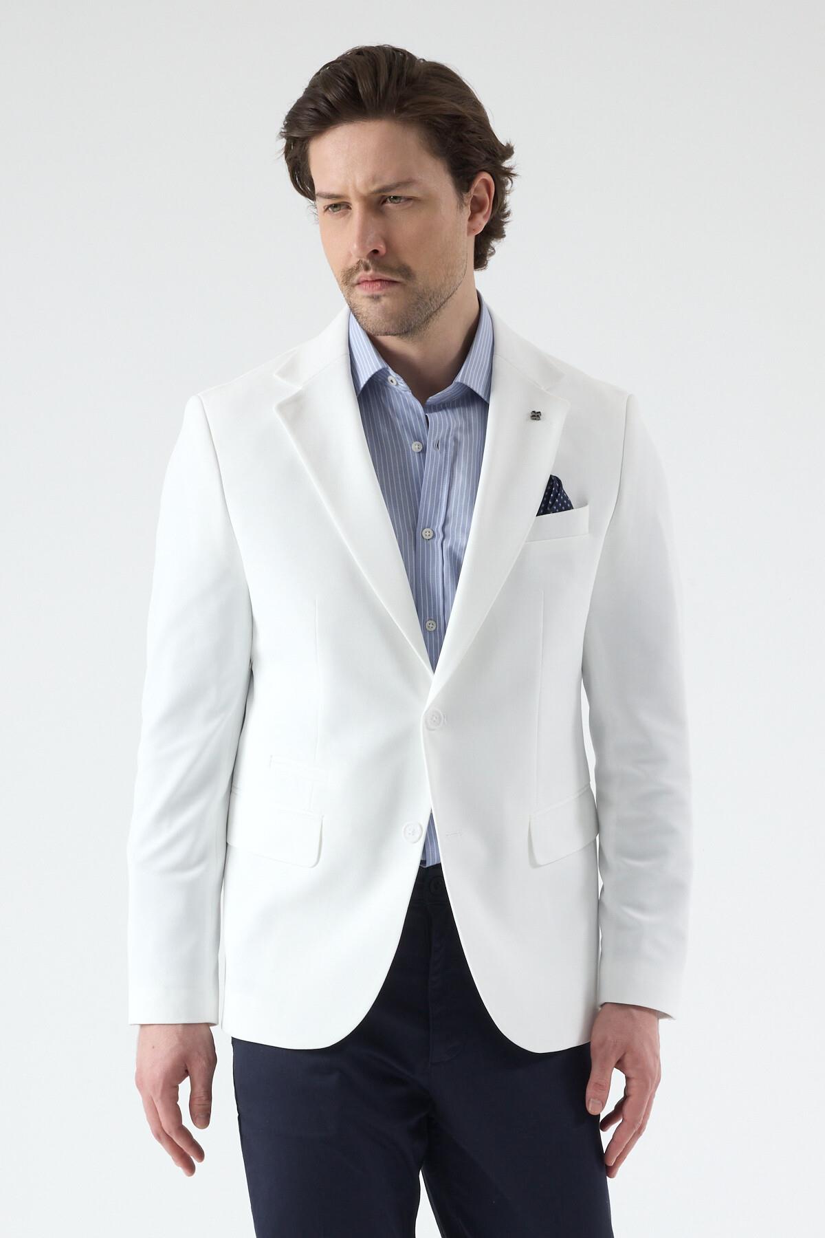 Pique Erkek Beyaz Yarım Astarlı Mono Yaka Esnek Poliviskon Kumaşlı Slim Fit Spor Blazer Ceket