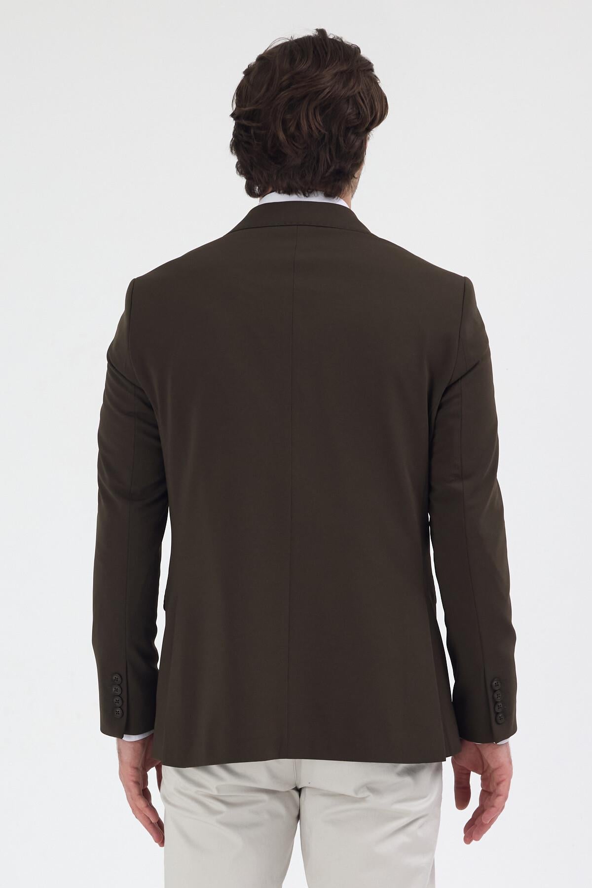 Pique Erkek Haki Kruvaze Sivri Yaka Esnek Poliviskon Kumaşlı Slim Fit Spor Blazer Ceket