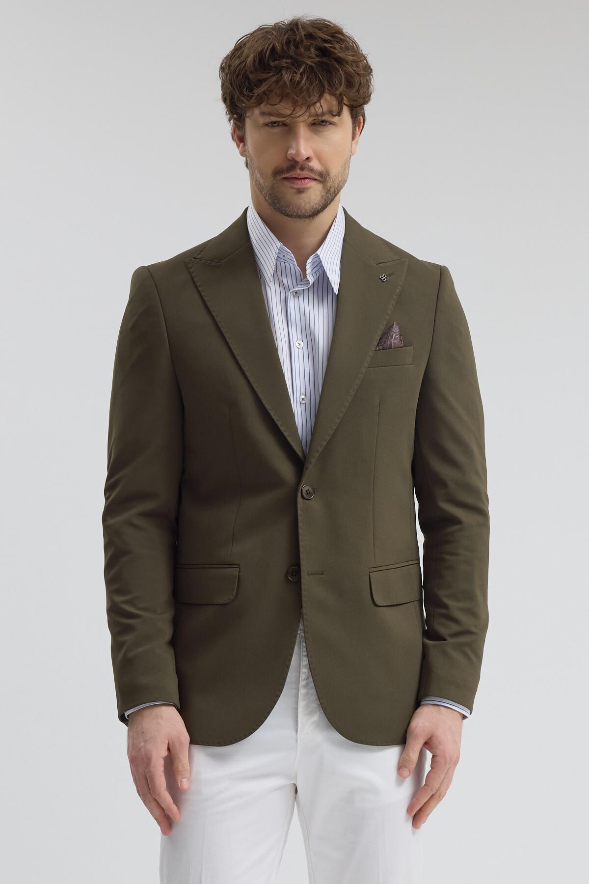 Pique Erkek Haki Sivri Yaka Esnek Poliviskon Kumaşlı Slim Fit Spor Blazer Ceket