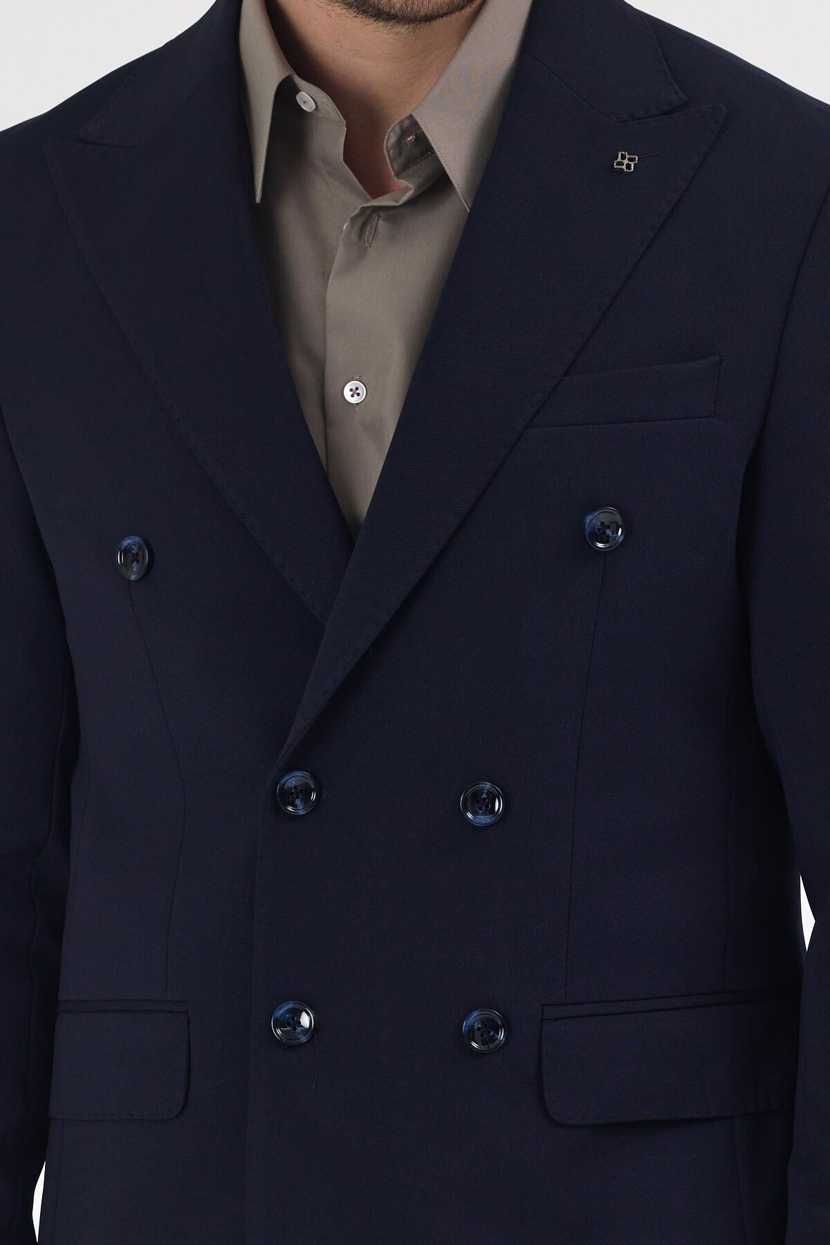 Pique Erkek Lacivert Kruvaze Sivri Yaka Esnek Poliviskon Kumaşlı Slim Fit Spor Blazer Ceket