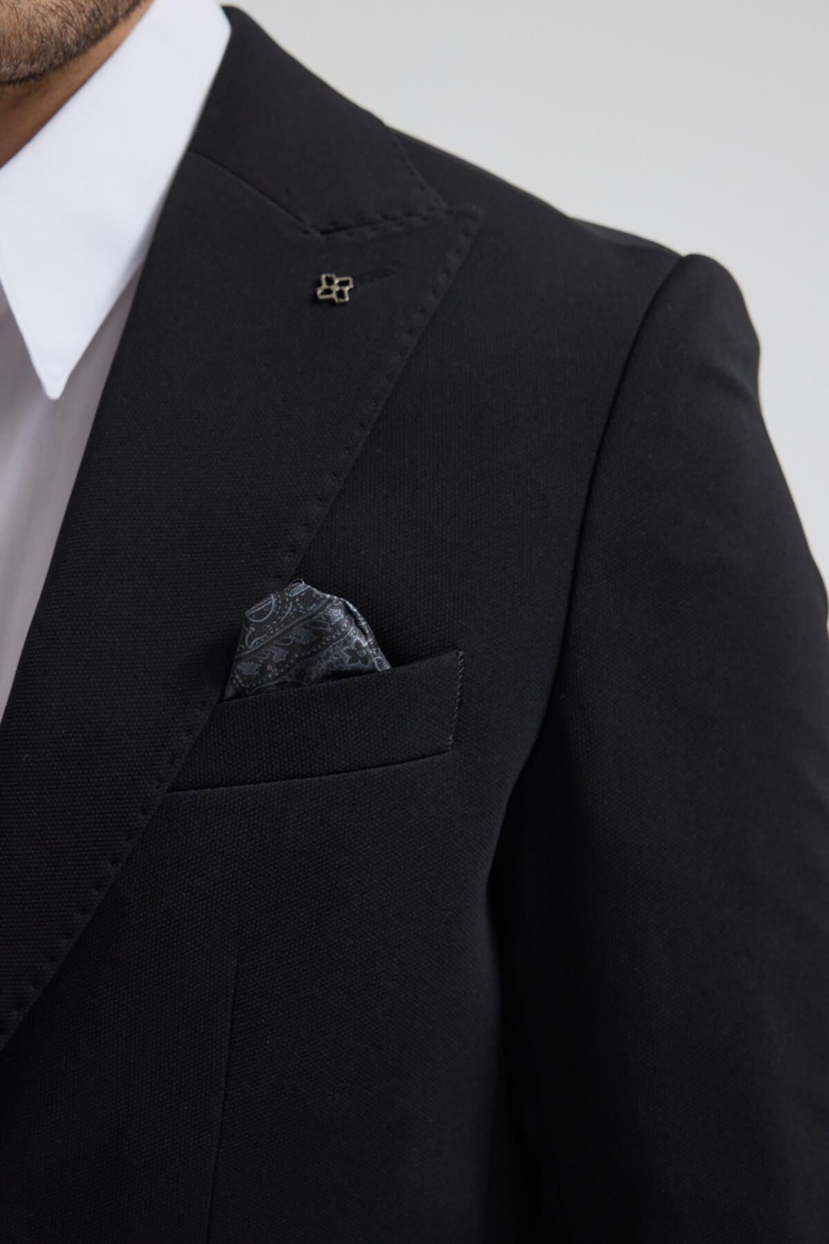 Pique Erkek Siyah Sivri Yaka Esnek Poliviskon Kumaşlı Slim Fit Spor Blazer Ceket