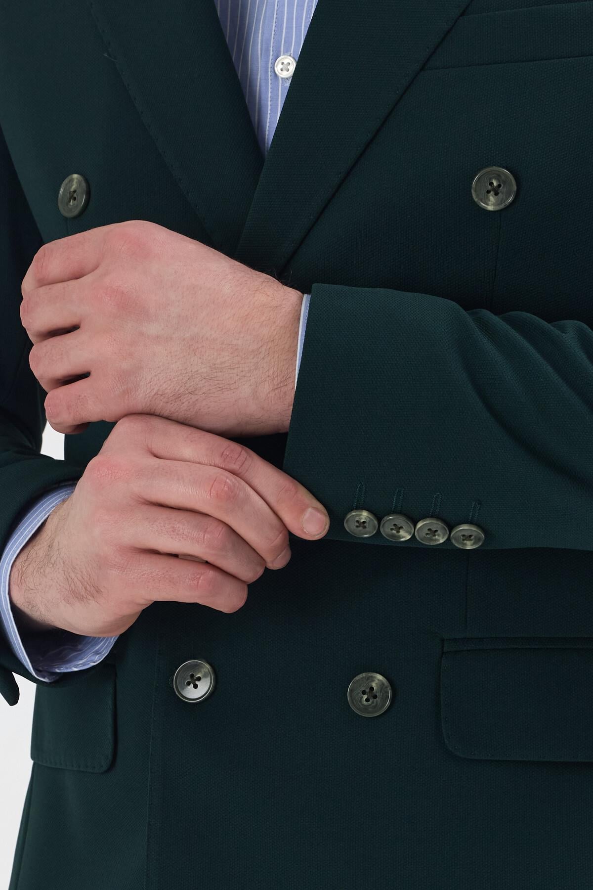 Pique Erkek Yeşil Kruvaze Sivri Yaka Esnek Poliviskon Kumaşlı Slim Fit Spor Blazer Ceket