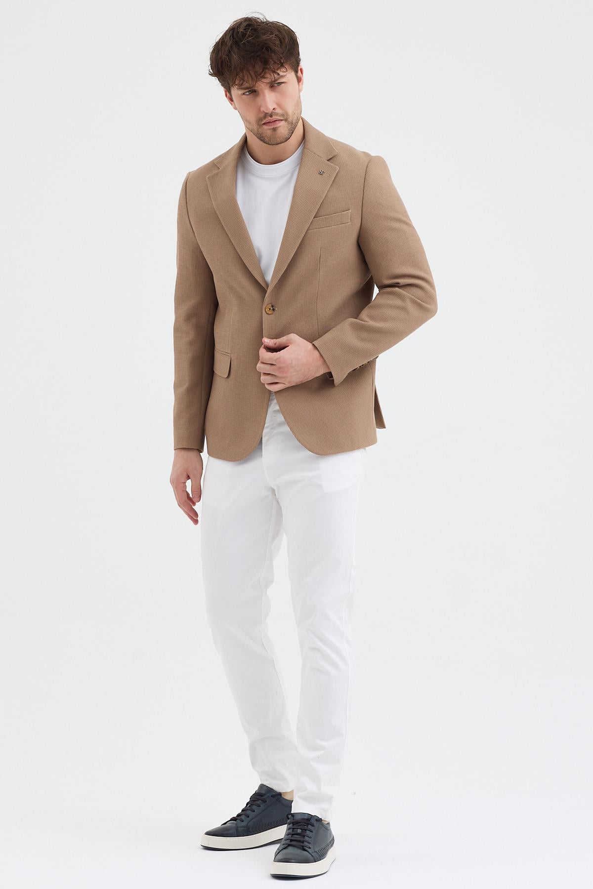 Pofuc Erkek Bej Armürlü Poliviskon Kumaşlı Slim Fit Kendinden Mendilli Mono Yaka Spor Blazer Ceket