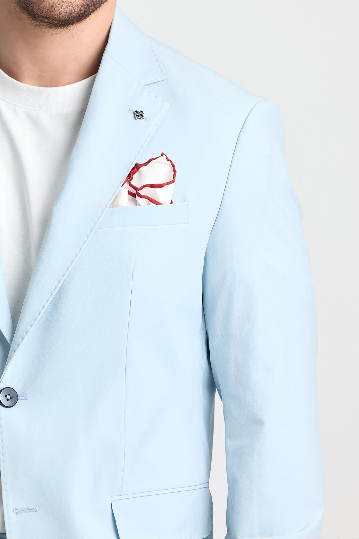 Polli Erkek Buz Mavi Polyamid-Teknik Esnek Yazlık Serin Tutan Yarım Astarlı SlimFit SporBlazerCeket