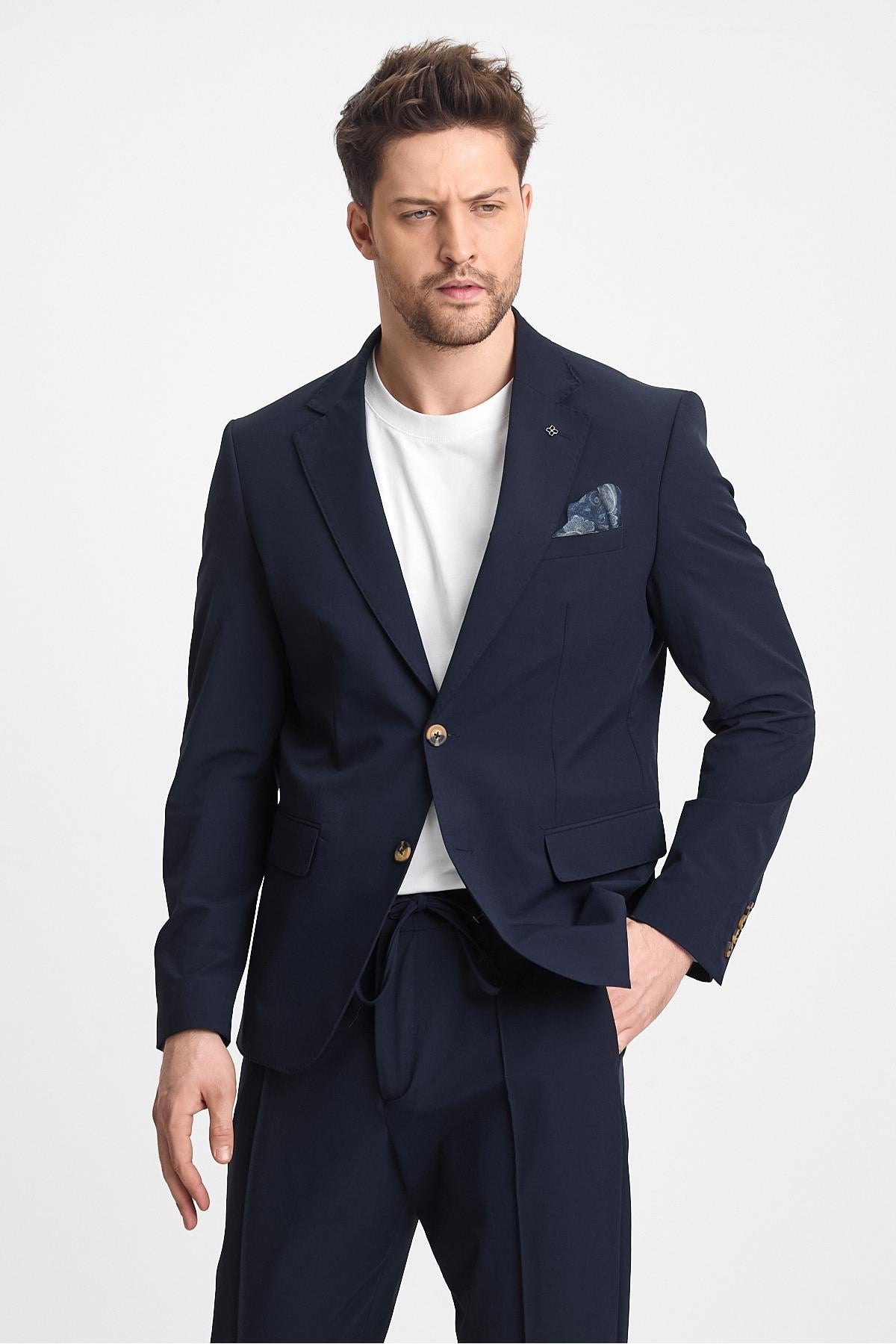Polli Erkek Lacivert Polyamid-Teknik  Esnek Yazlık Serin Tutan Kumaş  Slim Fit  2'li Takım Elbise