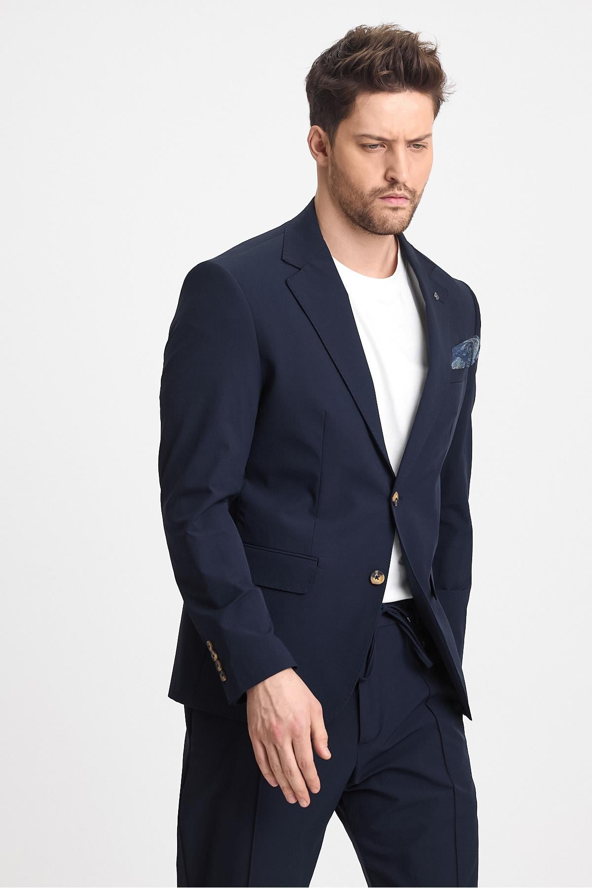 Polli Erkek Lacivert Polyamid-Teknik  Esnek Yazlık Serin Tutan Kumaş  Slim Fit  2'li Takım Elbise