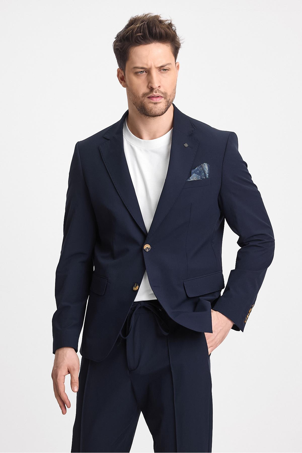 Polli Erkek Lacivert Polyamid-Teknik  Esnek Yazlık Serin Tutan Kumaş  Slim Fit  2'li Takım Elbise