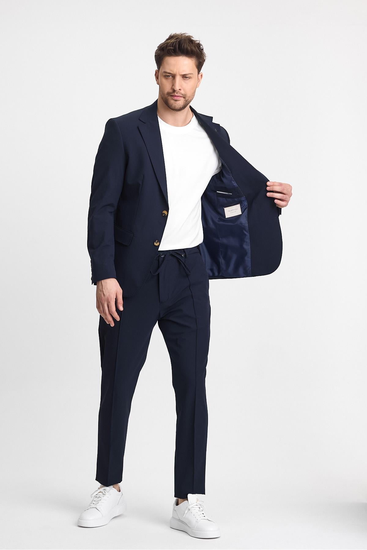 Polli Erkek Lacivert Polyamid-Teknik  Esnek Yazlık Serin Tutan Kumaş  Slim Fit  2'li Takım Elbise