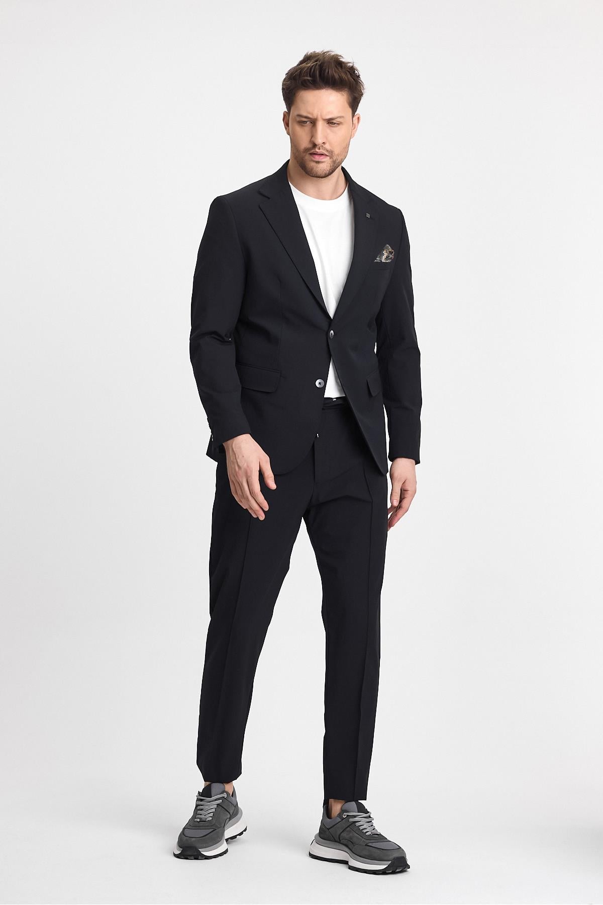 Polli Erkek Siyah Polyamid-Teknik  Esnek Yazlık Serin Tutan Kumaş  Slim Fit  2'li Takım Elbise