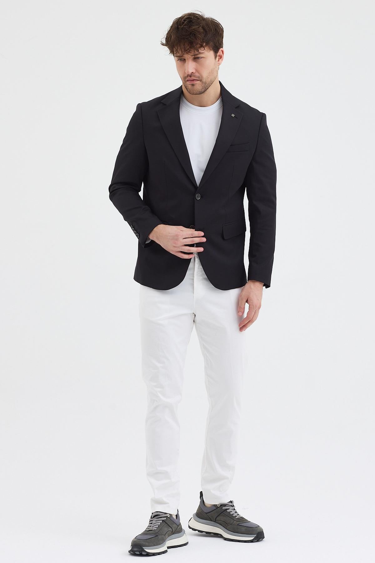 Poly Erkek Siyah Likralı Pamuklu Slim Fit Spor Blazer Ceket