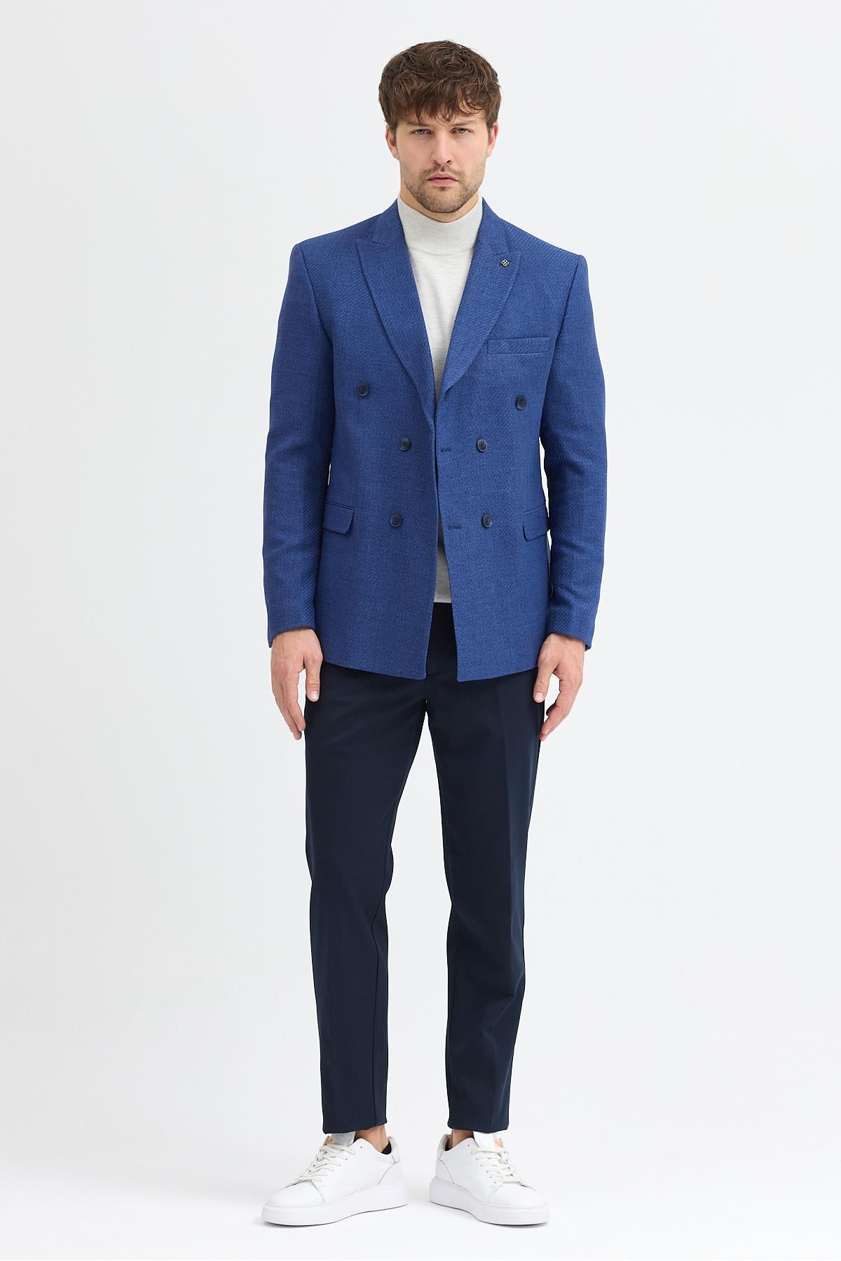 Pompillo Erkek Açık Lacivert Kruvaze Sivri Yaka Slim Fit Desenli Spor Blazer Ceket