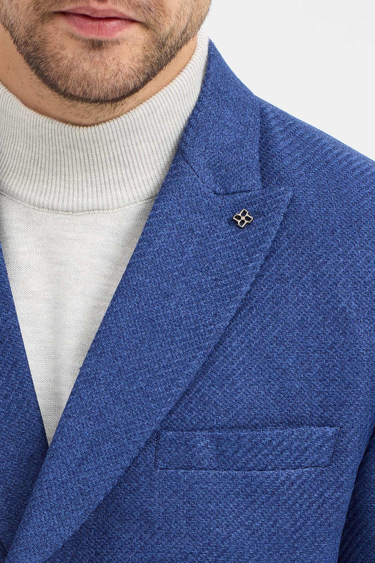 Pompillo Erkek Açık Lacivert Kruvaze Sivri Yaka Slim Fit Desenli Spor Blazer Ceket