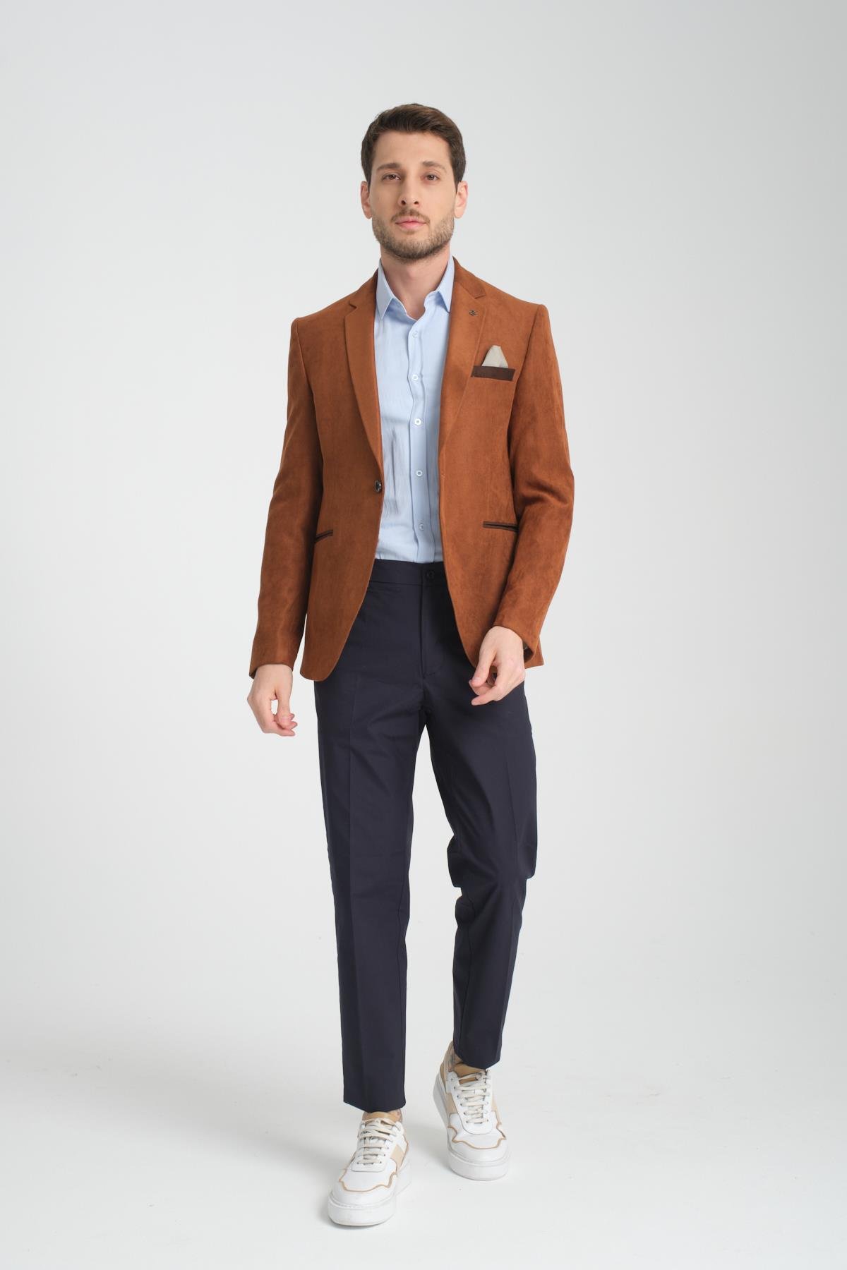 Racinos Erkek Camel Kalın Kadife Kumaşlı Dirsekli Slim Fit Dar Kesim Spor Blazer Ceket