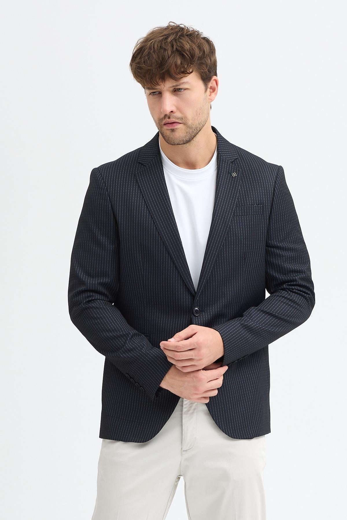 Ranti Erkek Lacivert İtalyan Çizgili Poliviskon Kumaşlı Slim Fit Spor Blazer Ceket