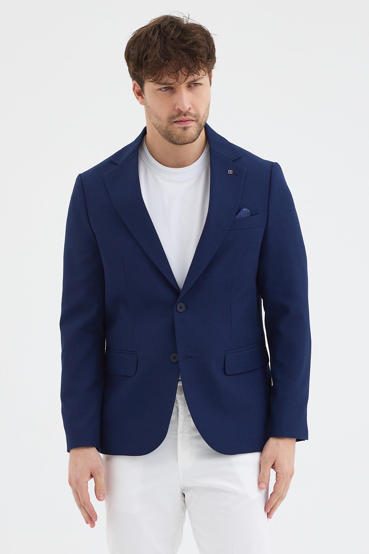 Regelo Erkek Açık Lacivert Poliviskon Kumaşlı SlimFit Kendinden Mendilli Mono Yaka Spor Blazer Ceket