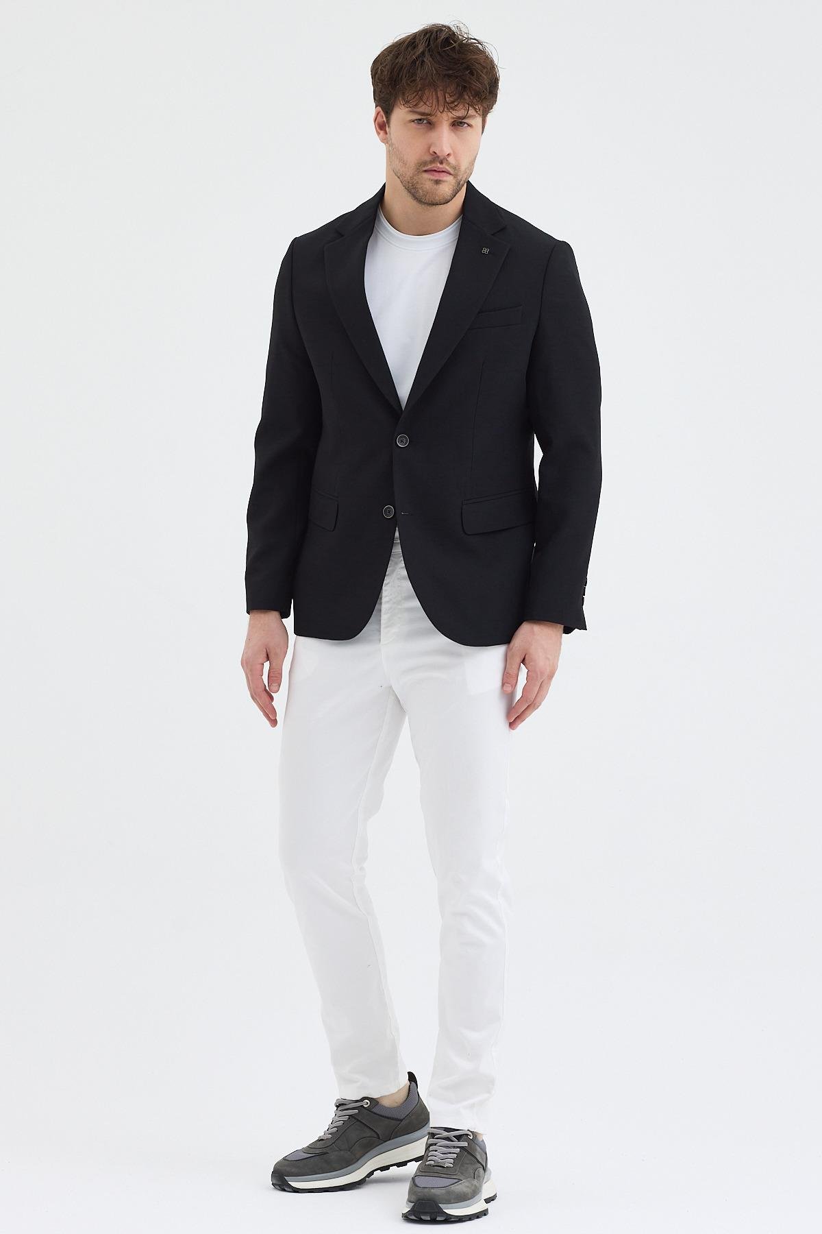 Regelo Erkek Siyah Poliviskon Kumaşlı Slim Fit Kendinden Mendilli Mono Yaka Spor Blazer Ceket