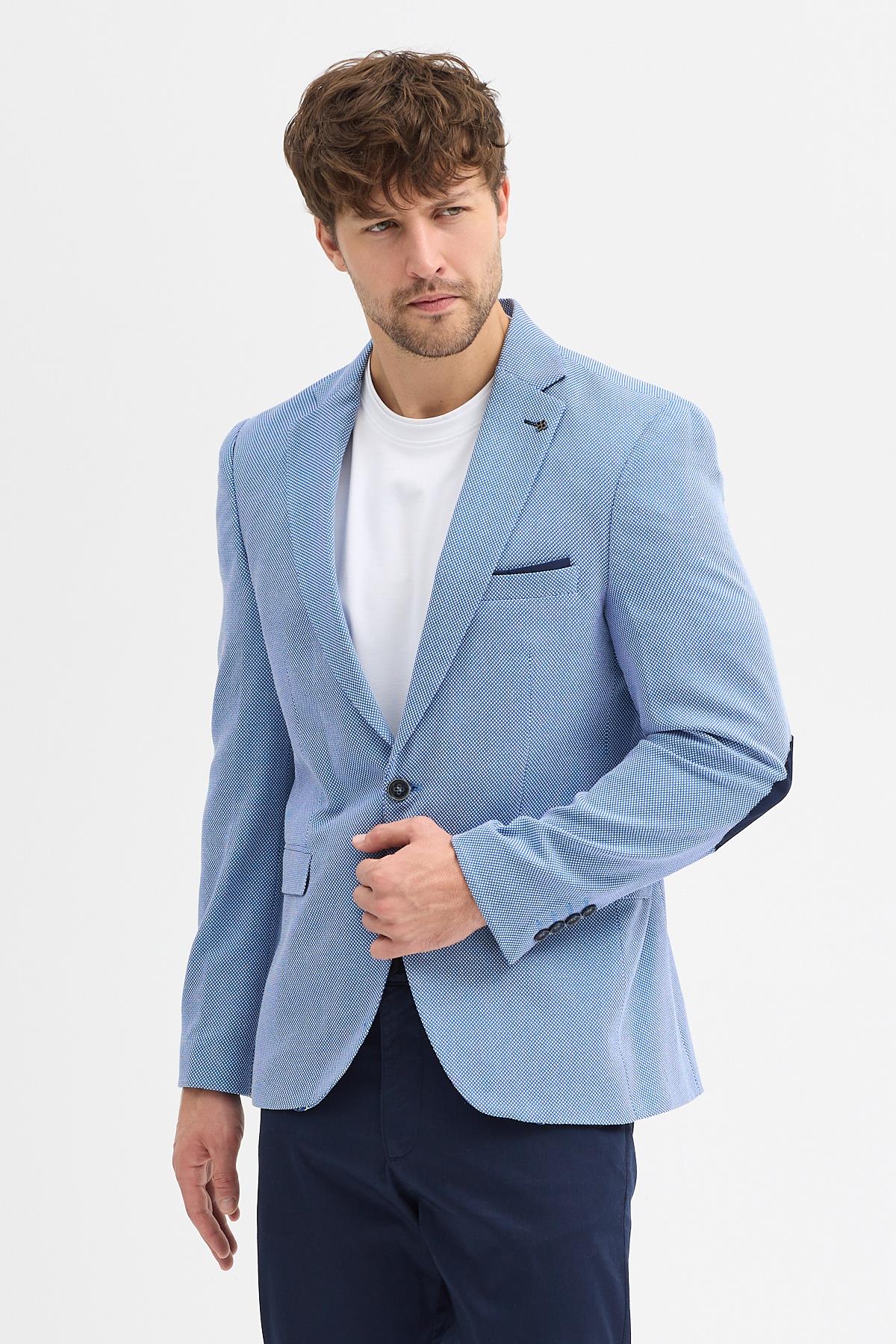 Regina Erkek İndigo Armürlü Poliviskon Kumaşlı Dirsekli Slim Fit Spor Blazer Ceket